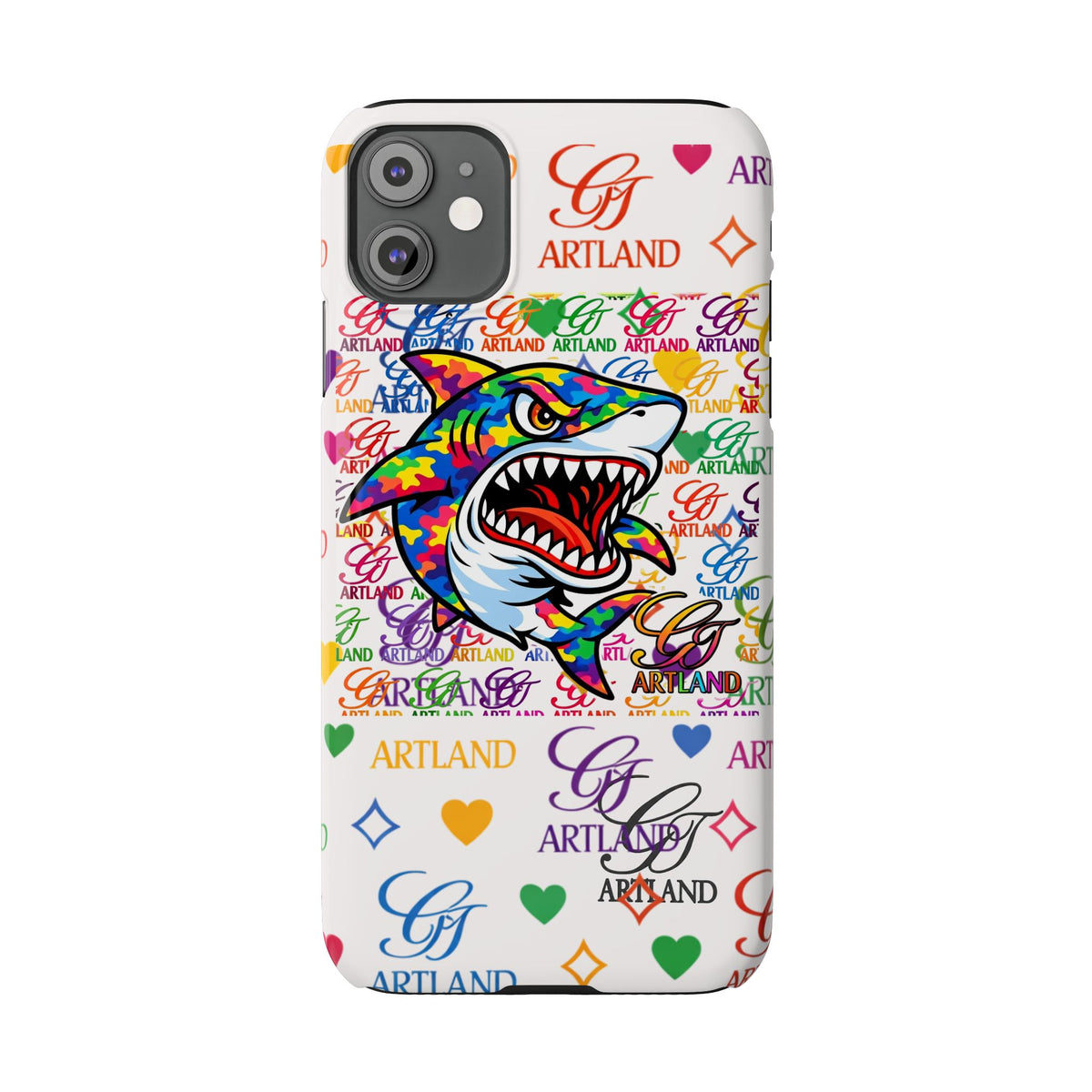 Colorful Designer Shark GT Illustration Slim Phone Case | Rainbow Logo Pattern by GT Artland