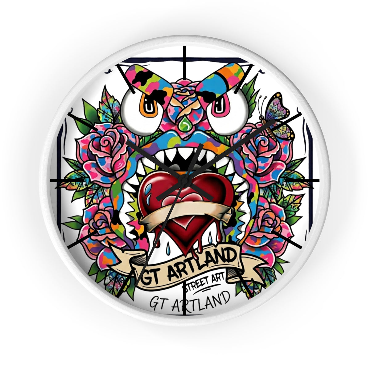 Colorful Tattoo Heart Monster Wall Clock by GT Artland