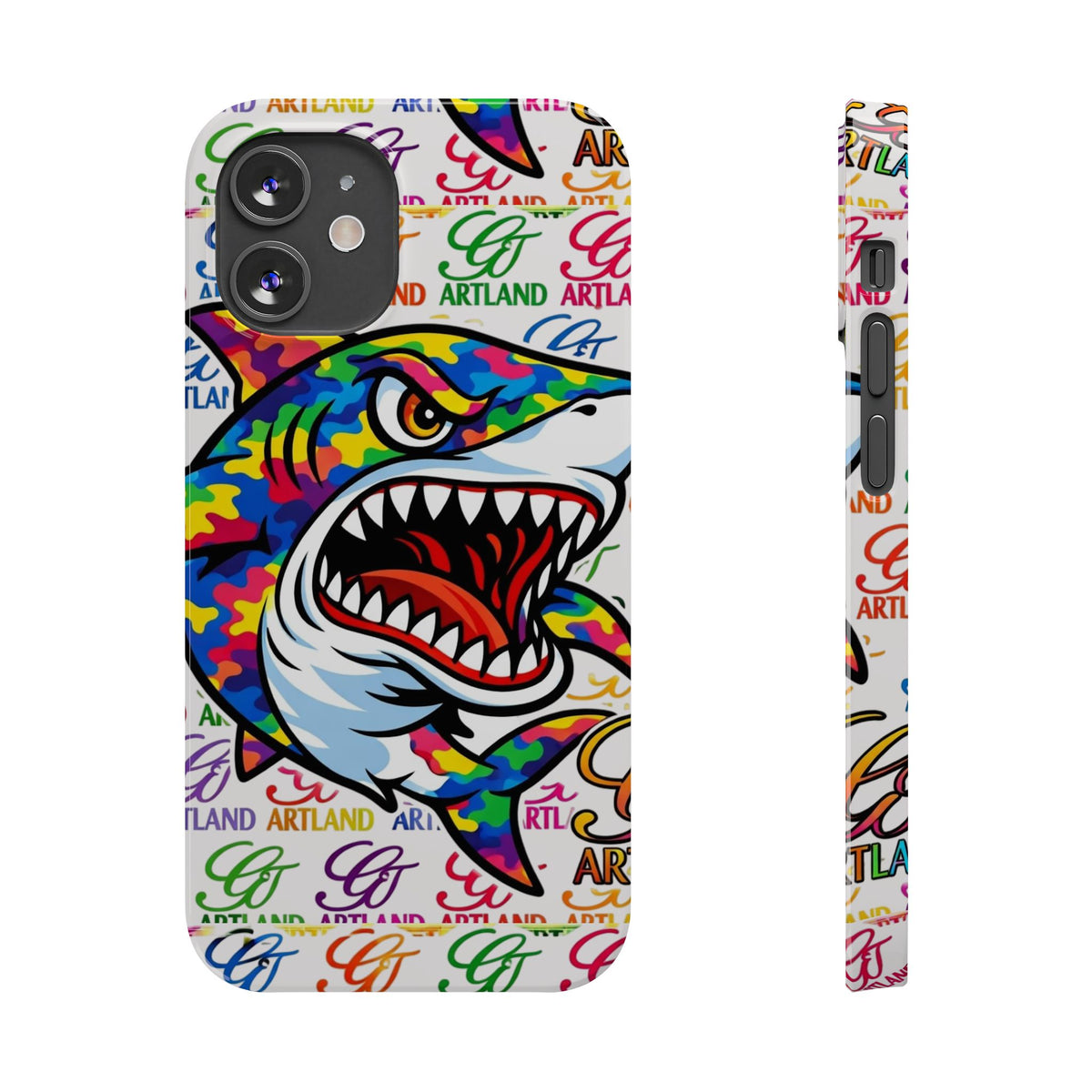 Colorful Camo Designer Shark GT Slim Phone Case | Vibrant Graphic, Artland Logo Background by GT Artland
