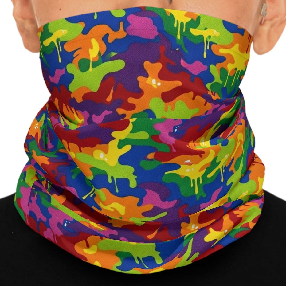 Autistik Rainbow Camo Drip Neck Gaiter — Colorful Camouflage Face Mask & Headband by GT Artland