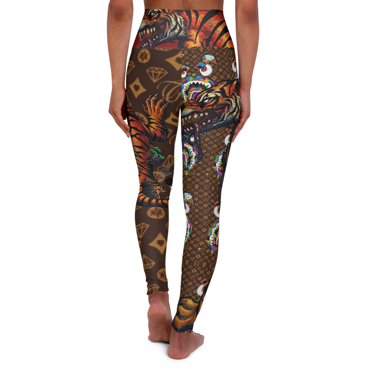 Exotic Tiger Pattern Designer Leggings High Waisted Yoga Leggings | Brown Luxe Monogram by GT Artland