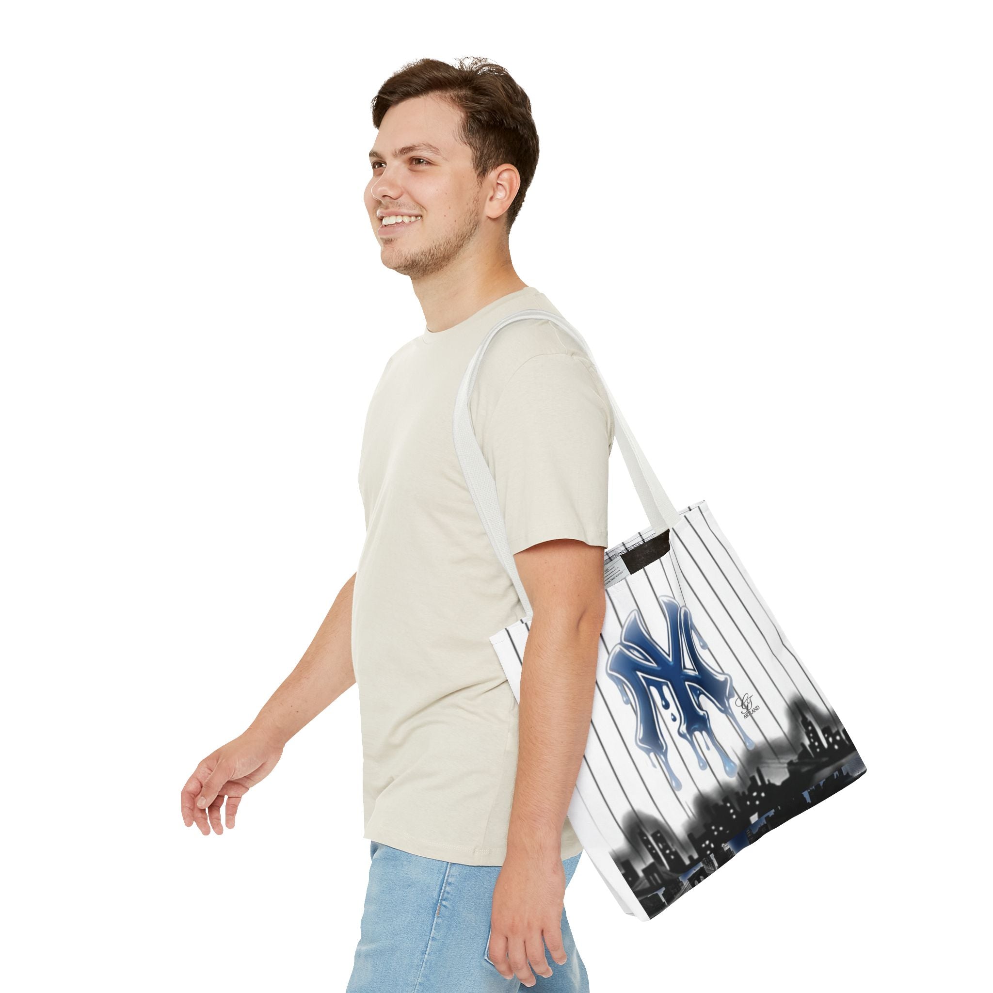 Drip NY Fan Gear Logo Pinstripe Tote Bag — Urban Baseball Cityscape by GT Artland