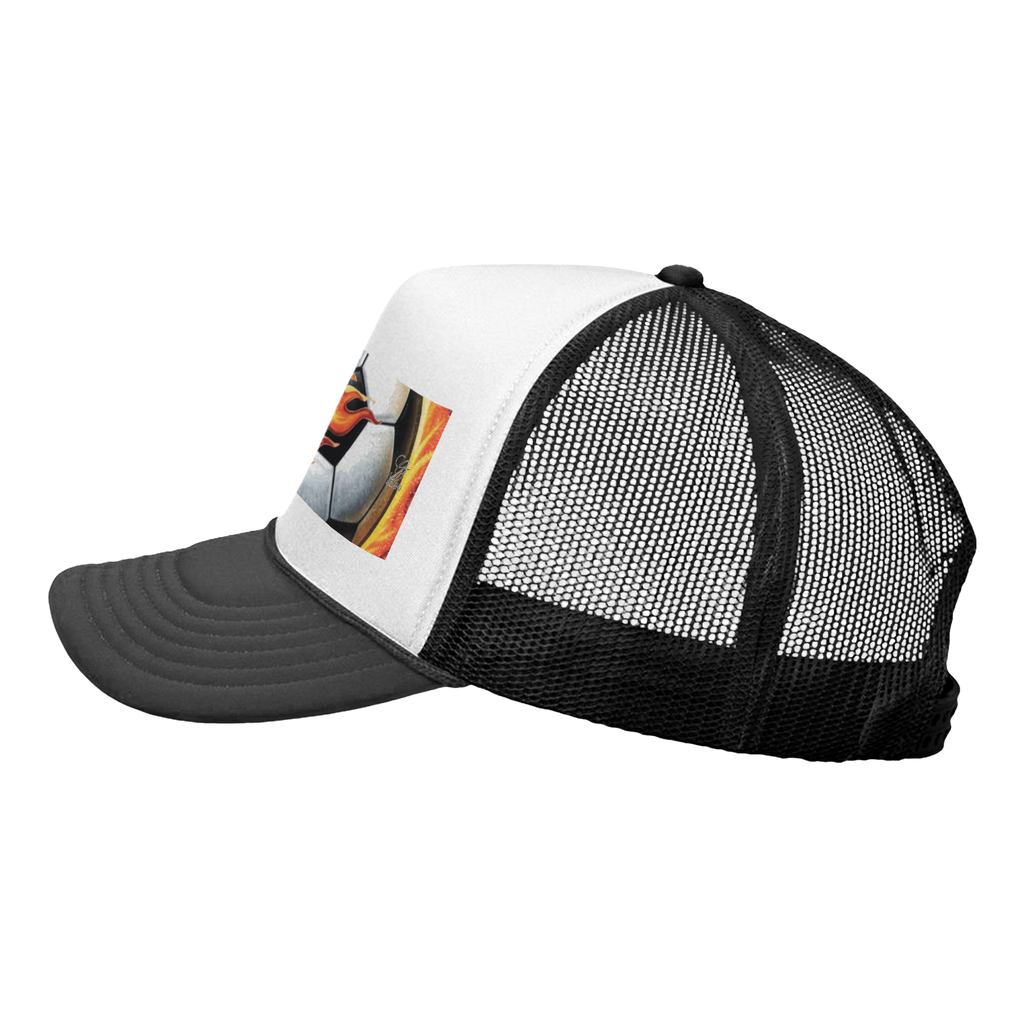 Flaming Airbrush Soccer Ball Designer Urban Trucker Hat - Black/White by GT Artland