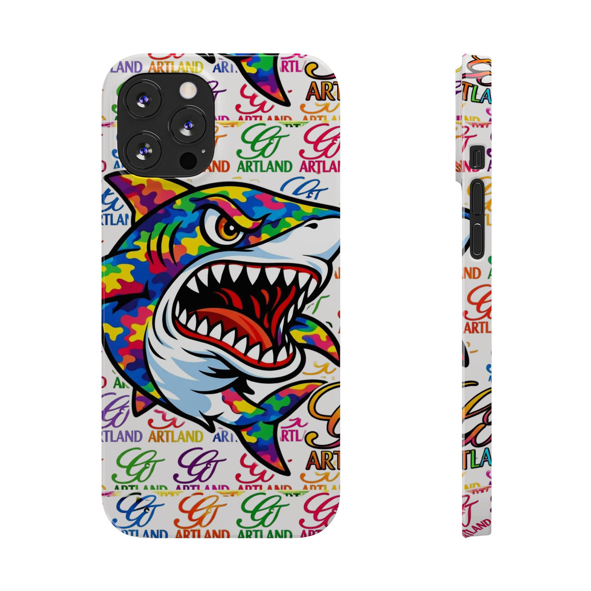 Colorful Camo Designer Shark GT Slim Phone Case | Vibrant Graphic, Artland Logo Background by GT Artland