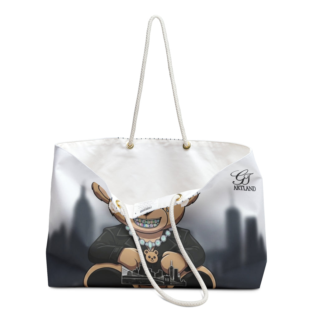 Diamond Grill Diamond Designer Teddy Bear Weekender Bag | City Skyline, Cute Bear Illustration by GT Artland