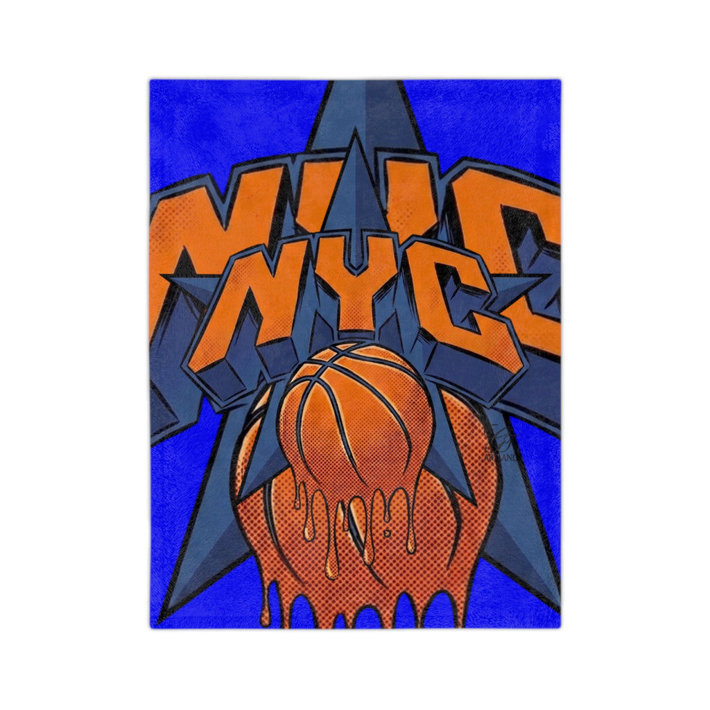 NYC Basketball Drip Velveteen Microfiber Blanket | Orange Blue Hoop Design