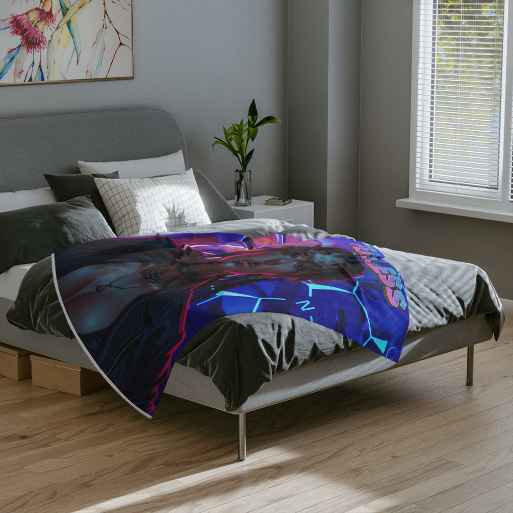 Neon "Fearless" Cyberpunk Lady Velveteen Throw Blanket - Throw