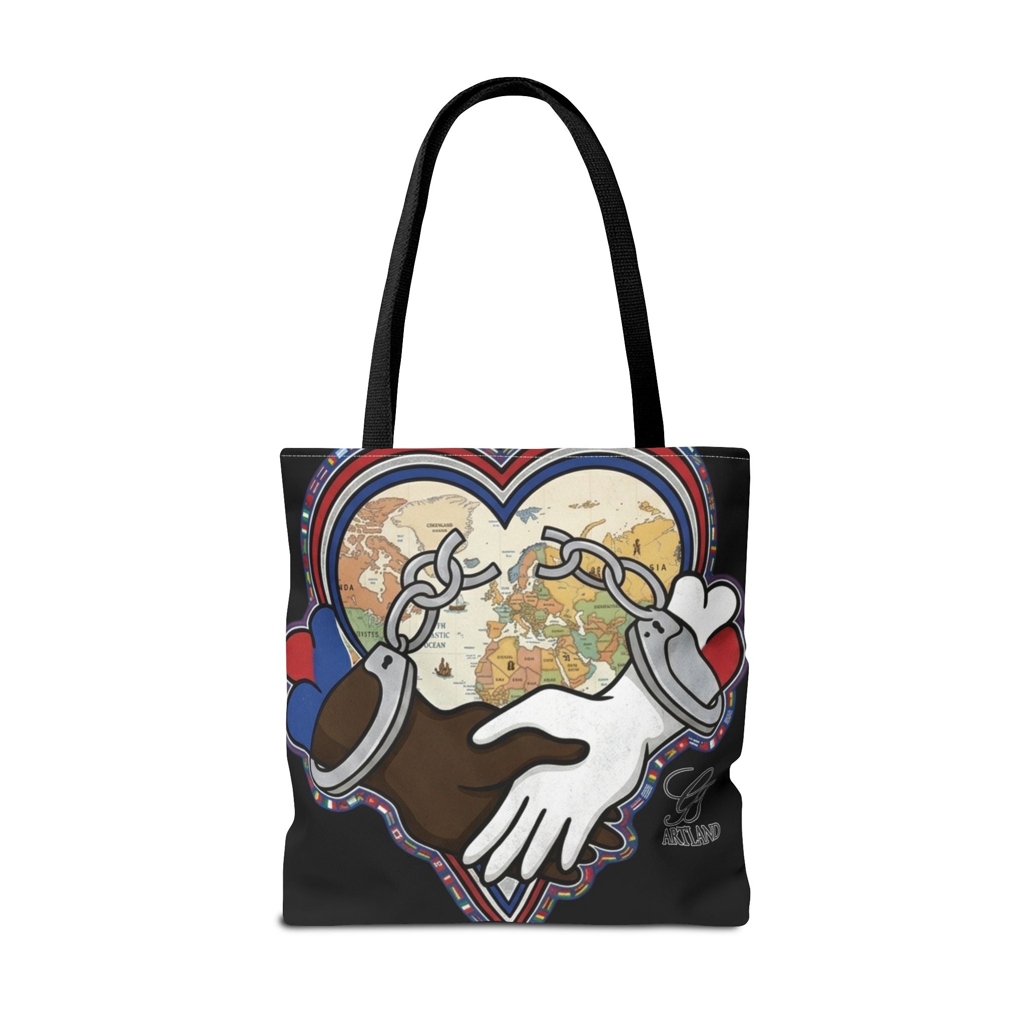 Interracial Unity Heart Handcuffs Tote Bag | All-Over Print by GT Artland