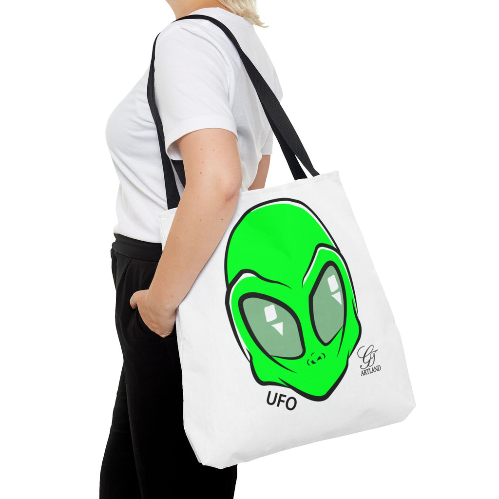 Alien UFO Tote Bag — Green Extraterrestrial Graphic Beach & Market Bag by GT Artland