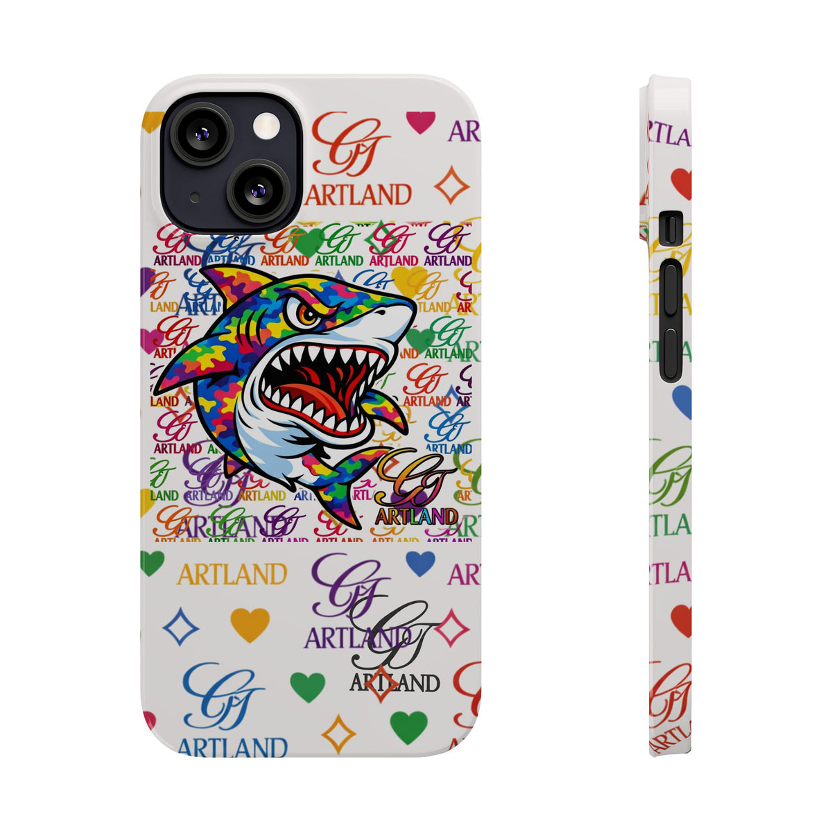 Colorful Designer Shark GT Illustration Slim Phone Case | Rainbow Logo Pattern by GT Artland