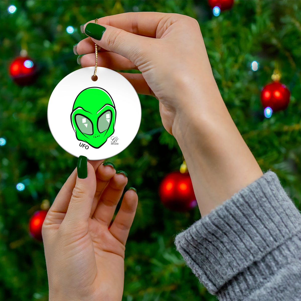 Alien UFO Ceramic Ornament — Green Extraterrestrial Holiday Decoration by GT Artland