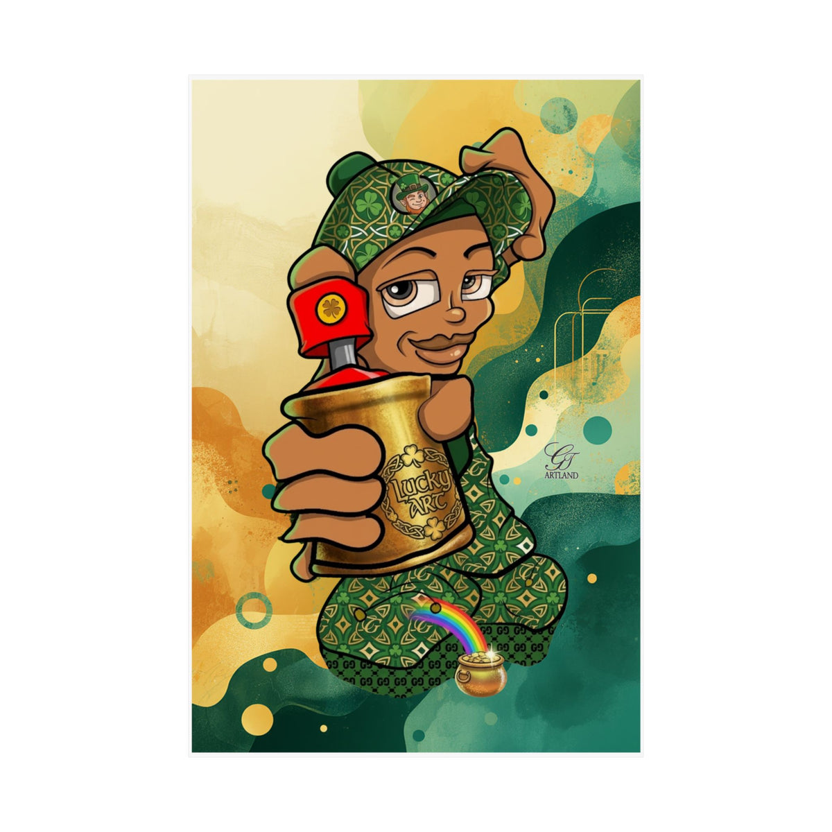 Spray Can Kid Graffiti Illustration with Gold Spray Can Poster | Matte Vertical Poster