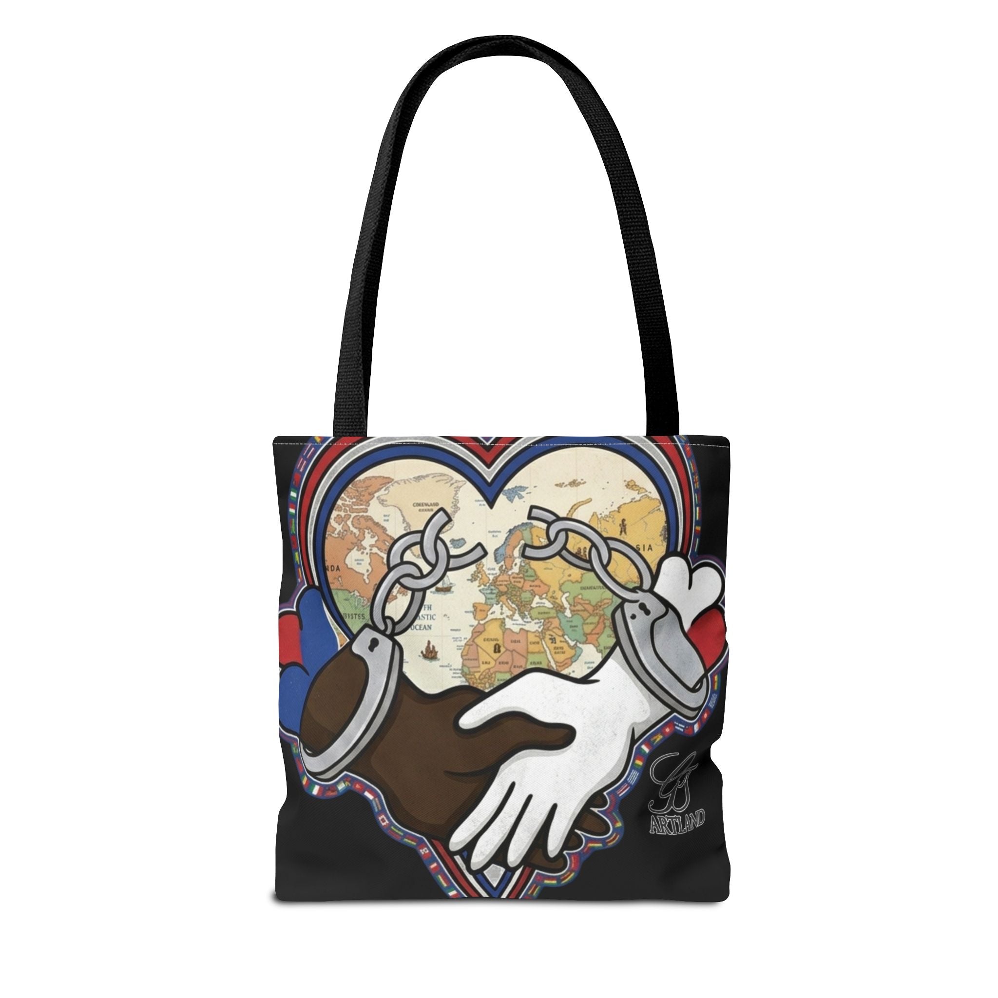 Interracial Unity Heart Handcuffs Tote Bag | All-Over Print by GT Artland