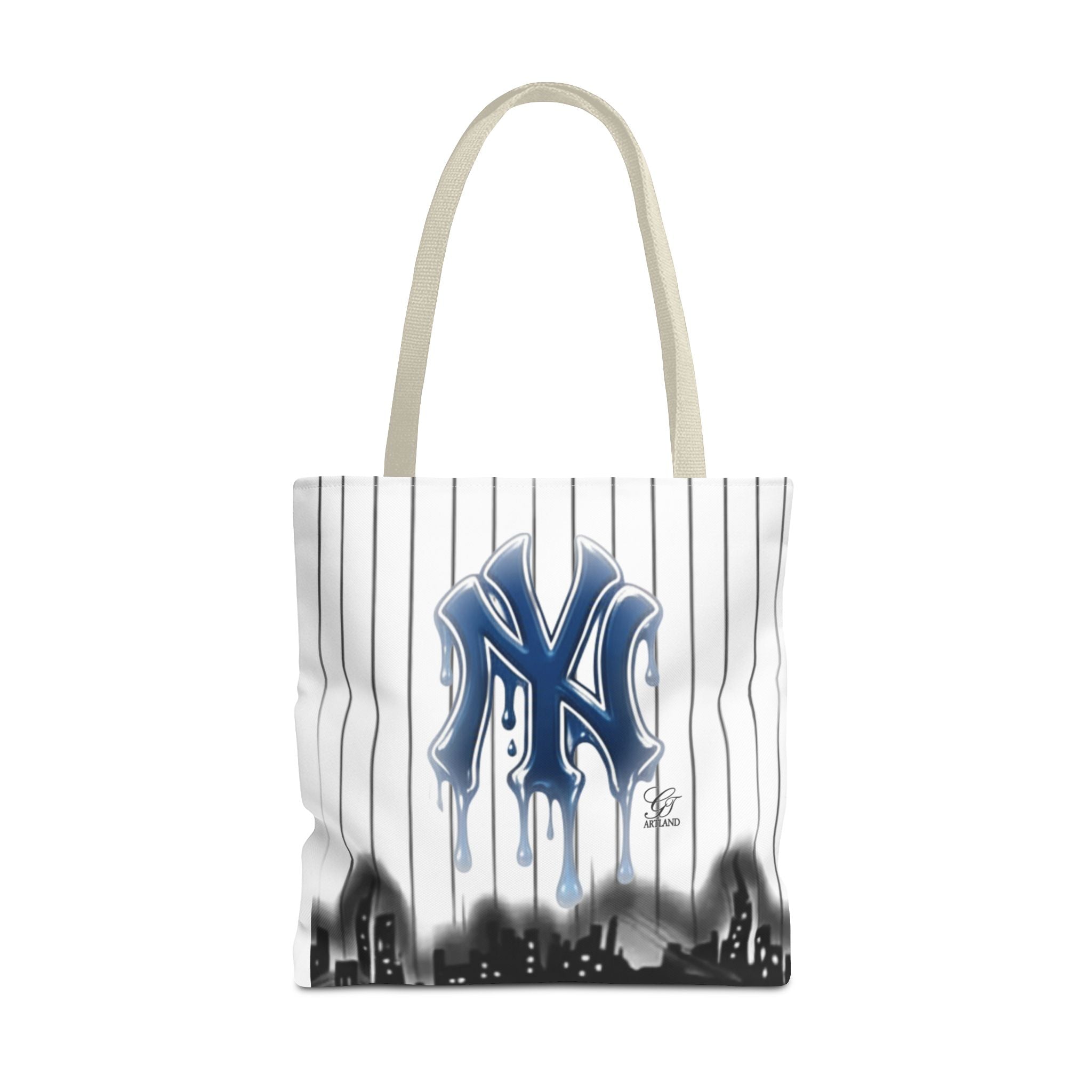 Drip NY Fan Gear Logo Pinstripe Tote Bag — Urban Baseball Cityscape by GT Artland