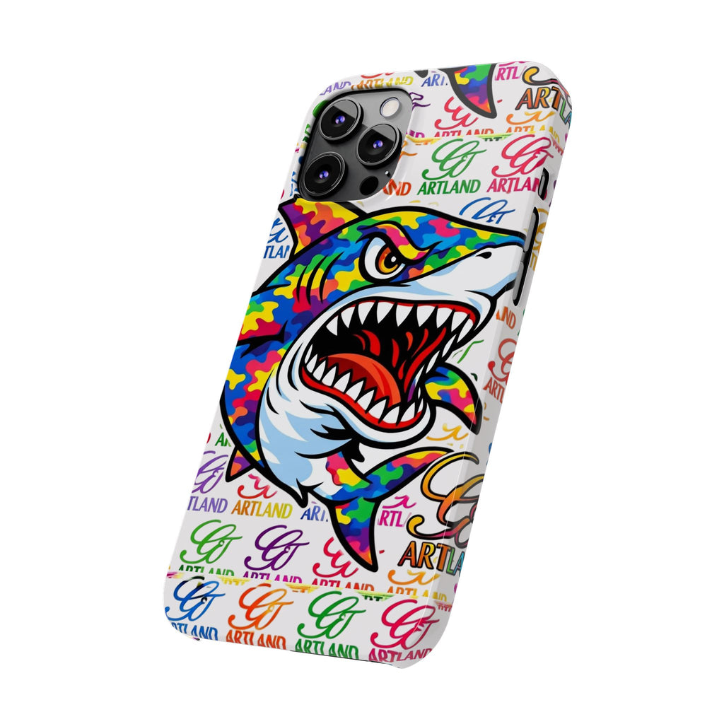 Colorful Camo Designer Shark GT Slim Phone Case | Vibrant Graphic, Artland Logo Background by GT Artland