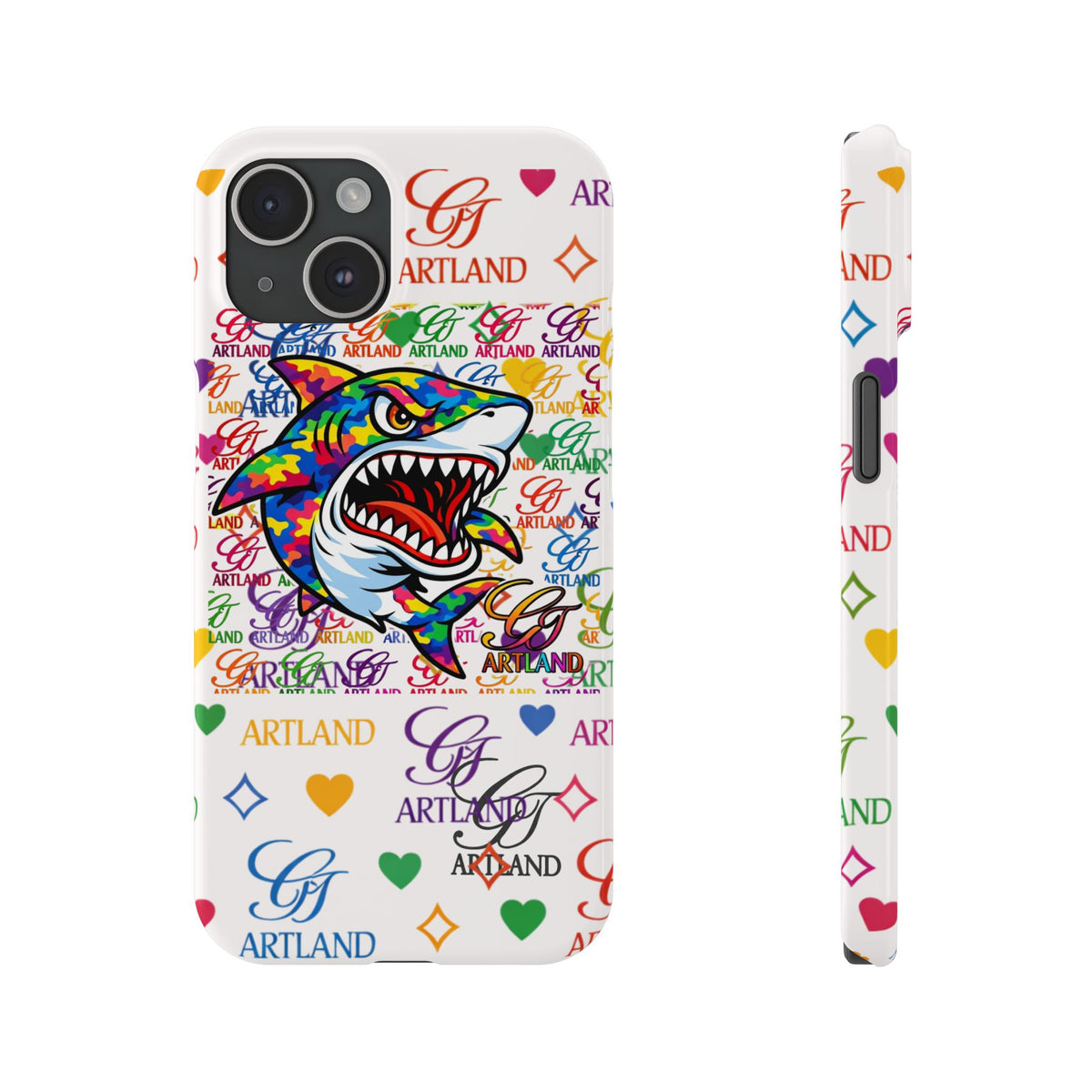 Colorful Designer Shark GT Illustration Slim Phone Case | Rainbow Logo Pattern by GT Artland