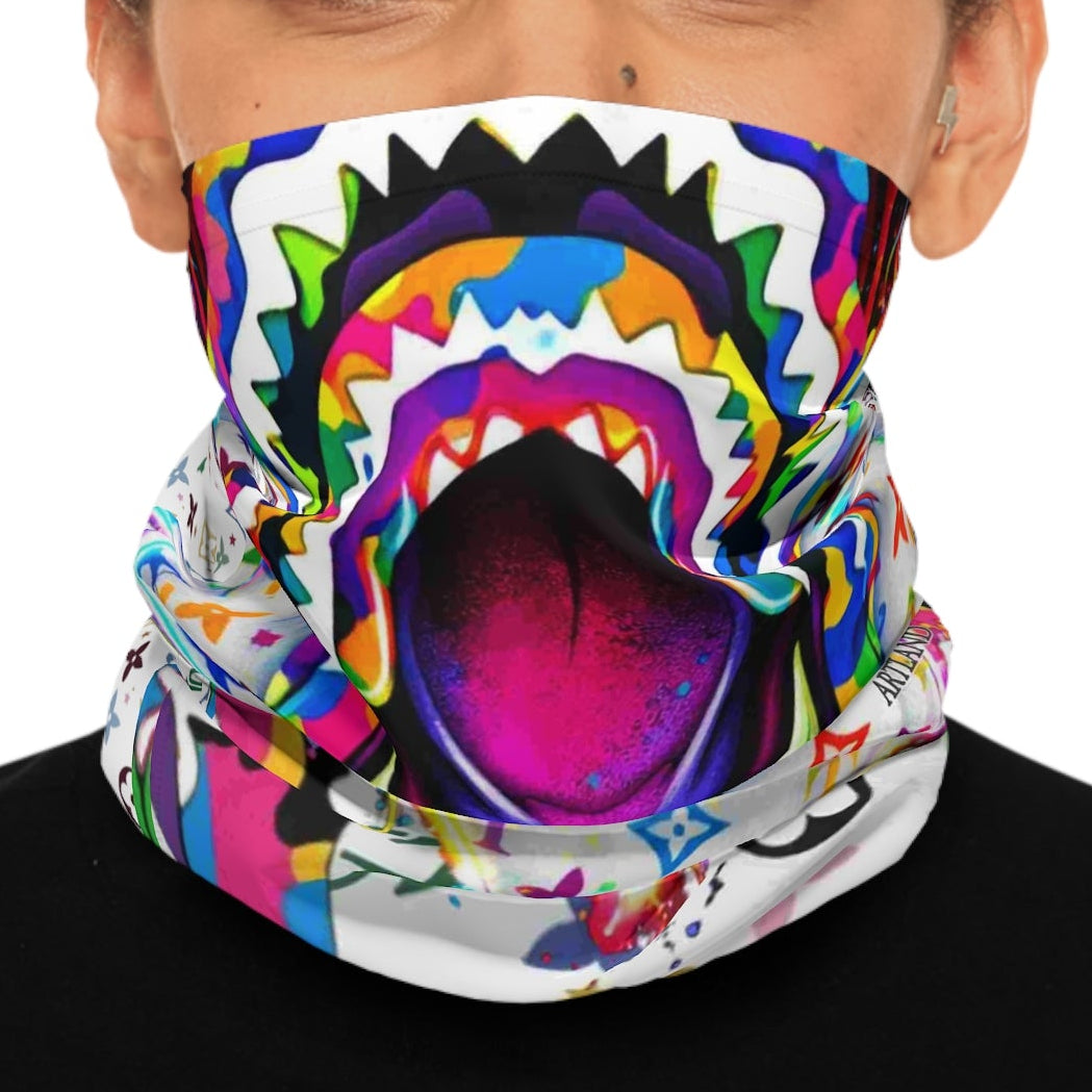 Colorful Designer Shark Mouth Pattern Lightweight Neck Gaiter | Rainbow Monogram Print by GT Artland