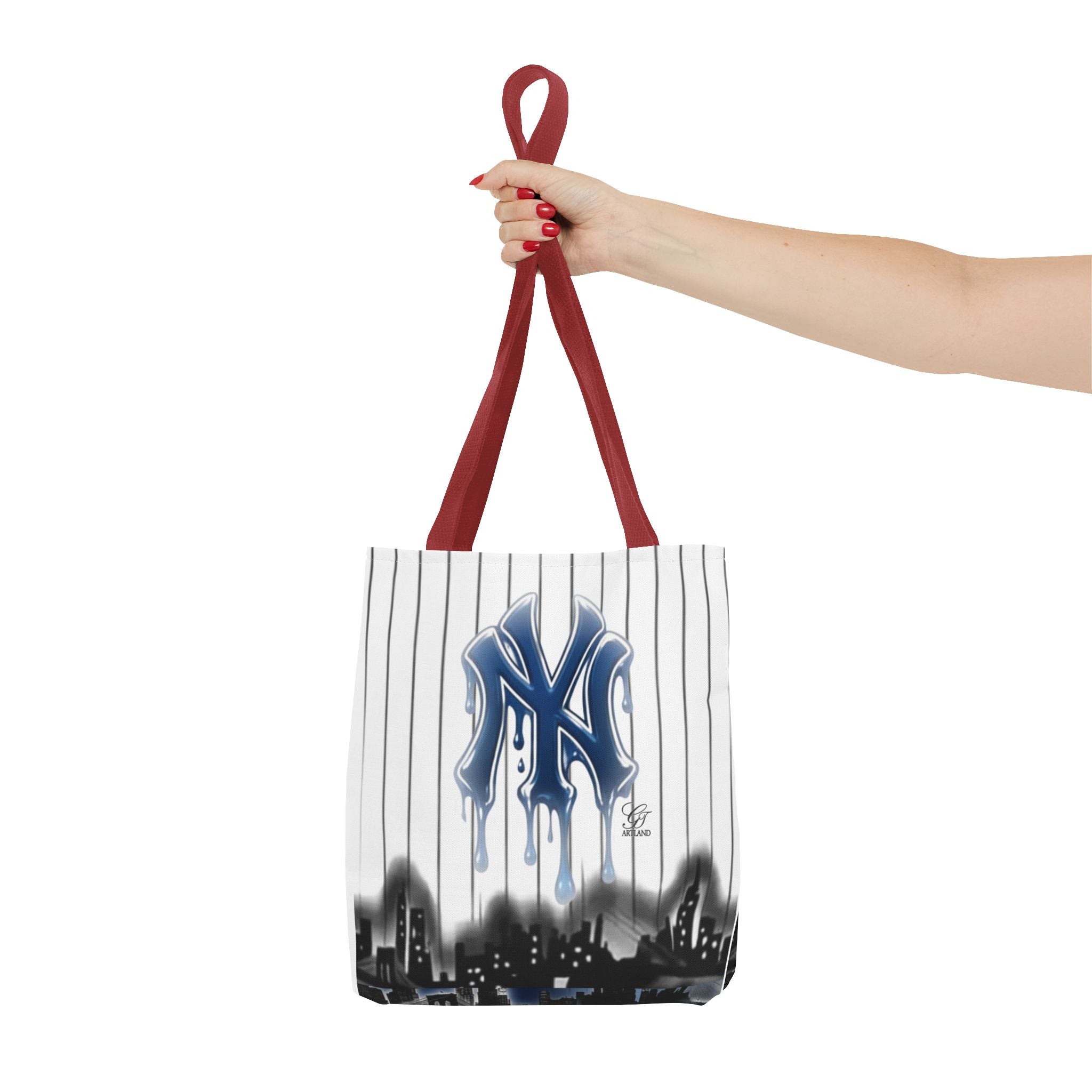 Drip NY Fan Gear Logo Pinstripe Tote Bag — Urban Baseball Cityscape by GT Artland