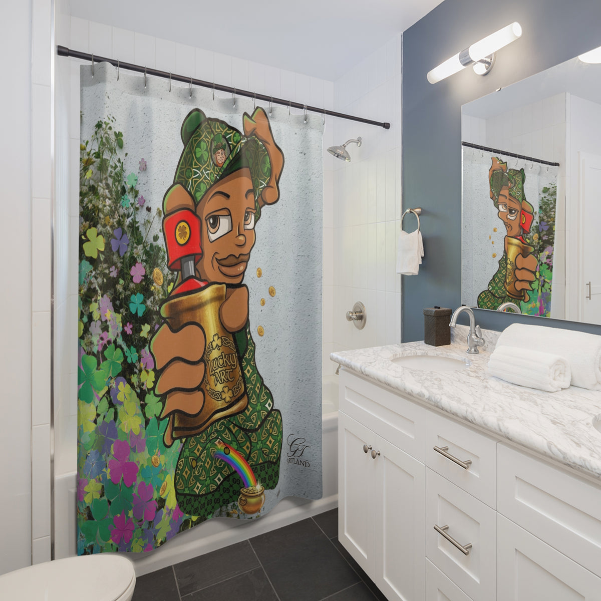 Shamrock Graffiti Spray can kid Shower Curtain | Lucky Spray Paint Design by GT Artland