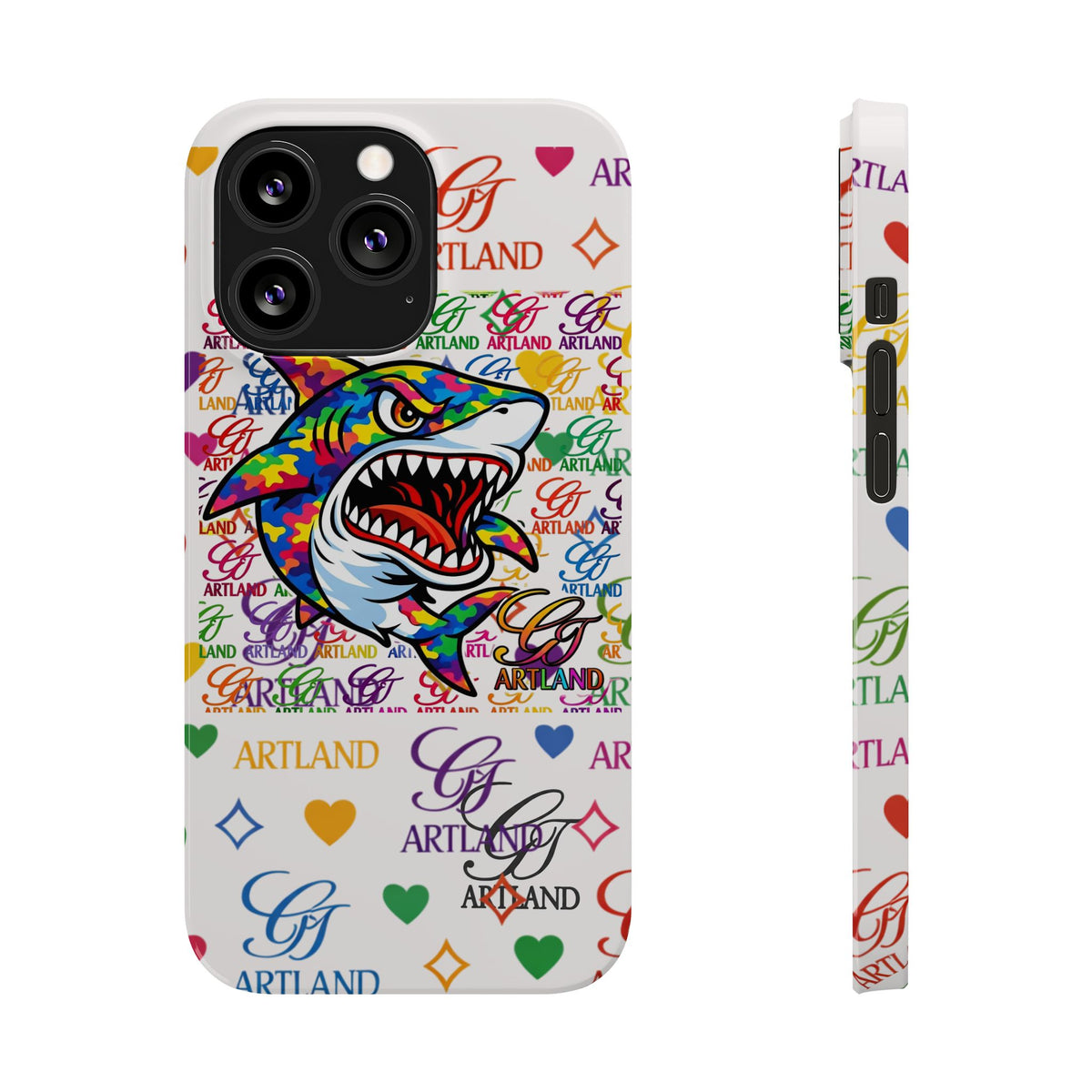 Colorful Designer Shark GT Illustration Slim Phone Case | Rainbow Logo Pattern by GT Artland