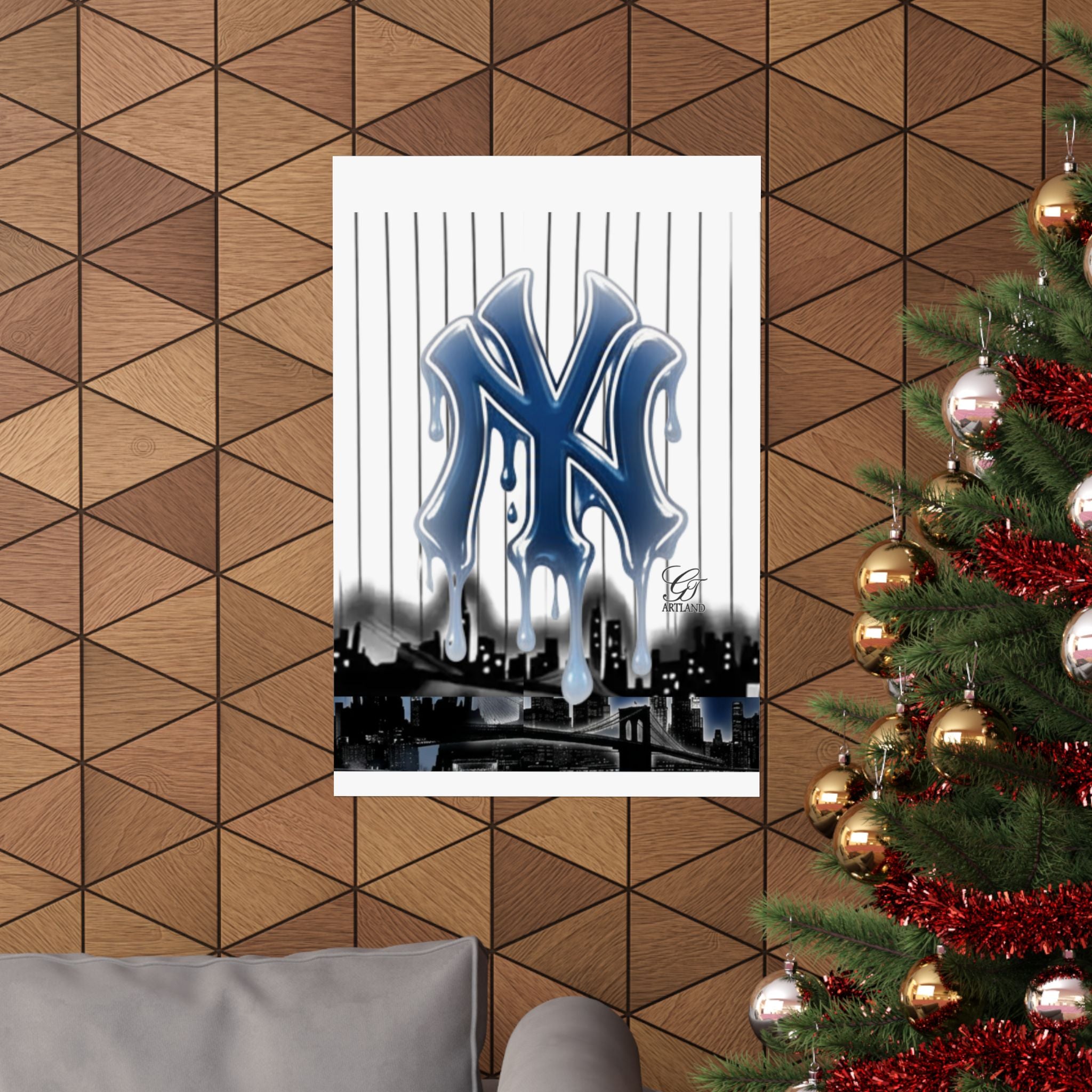Dripping NY Logo Matte Vertical Poster | Baseball Pinstripe Art by GT Artland