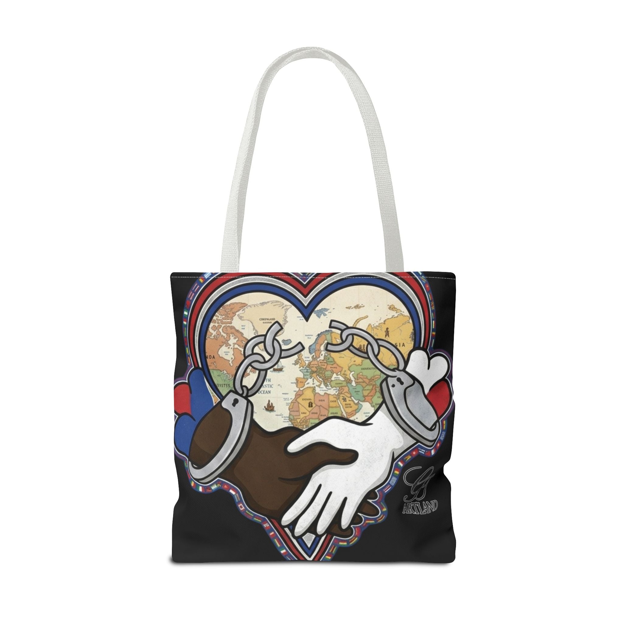 Interracial Unity Heart Handcuffs Tote Bag | All-Over Print by GT Artland