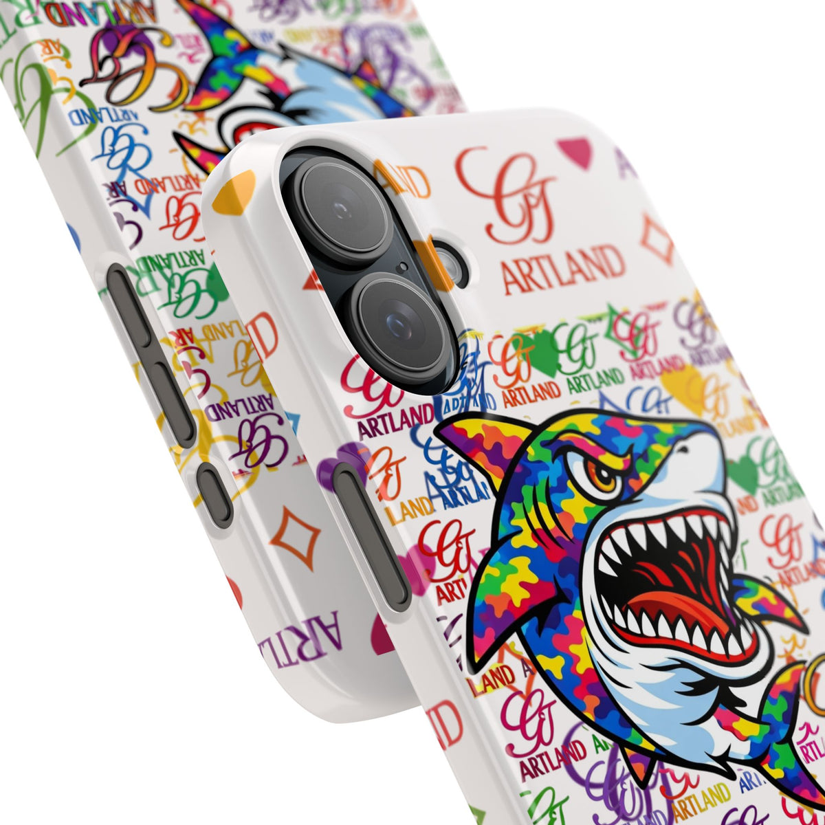 Colorful Designer Shark GT Illustration Slim Phone Case | Rainbow Logo Pattern by GT Artland