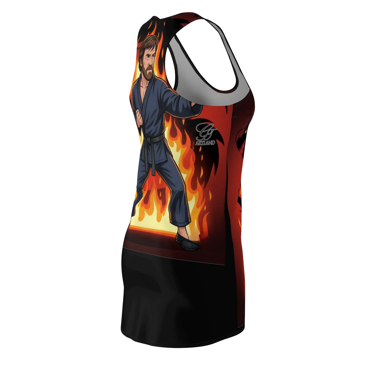 Karate Fighter Chuck Norris with Flaming Dragon Racerback Dress | Martial Arts by GT Artland