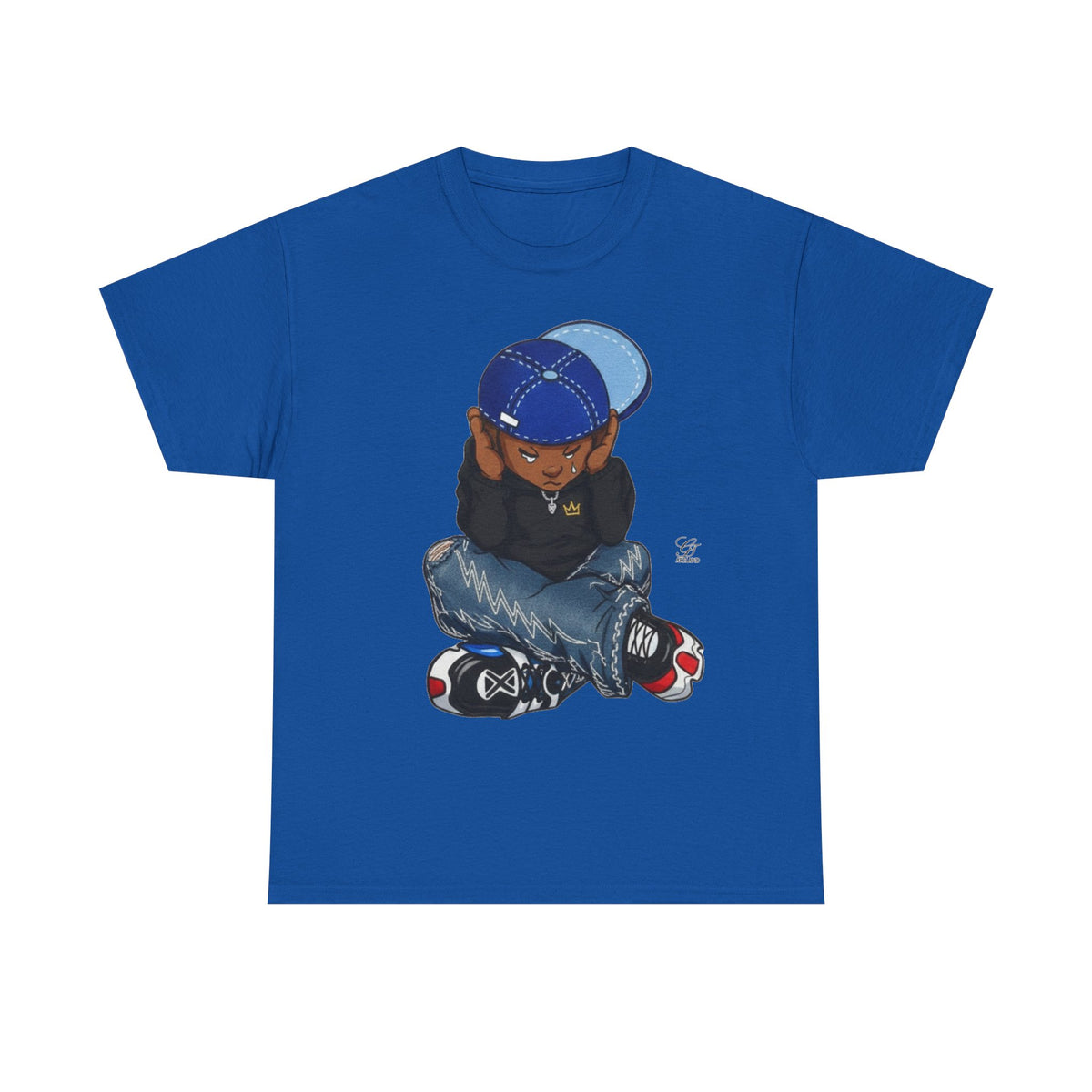 Ebony Sad Kid Illustration T-Shirt | Sitting Boy Graphic Tee b
