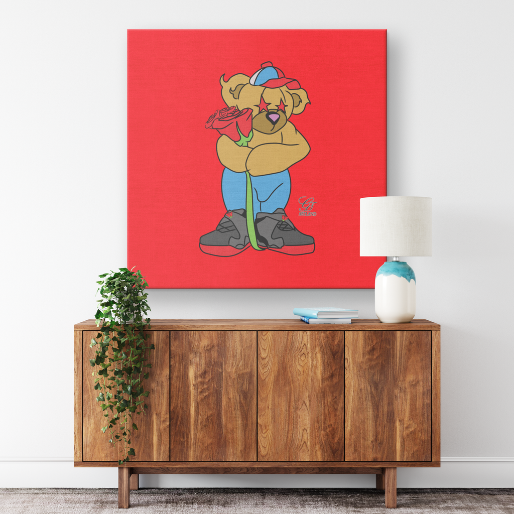Love Designer Bear holding Red Rose Canvas Wrap by GT Artland