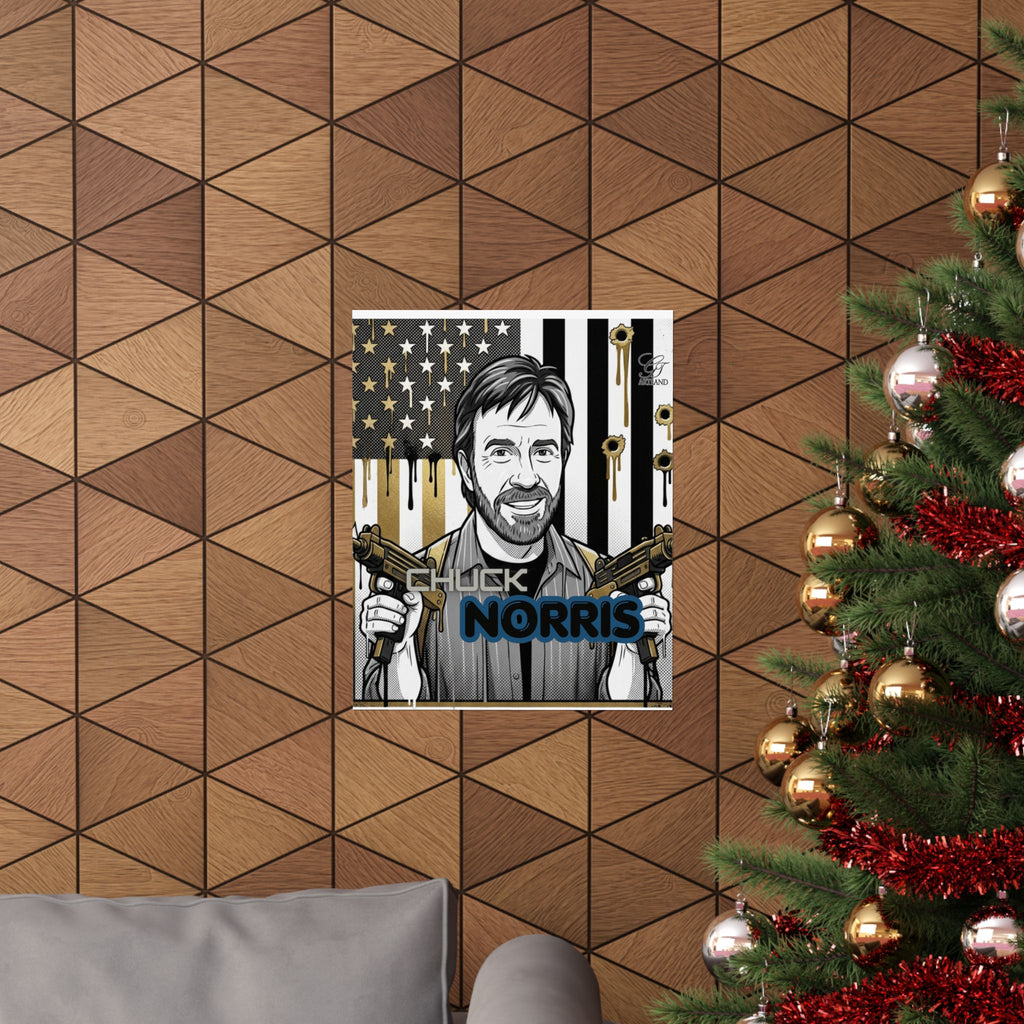Action Hero Portrait Matte Vertical Poster | Retro Flag, Guns, Bullet Holes by GT Artland