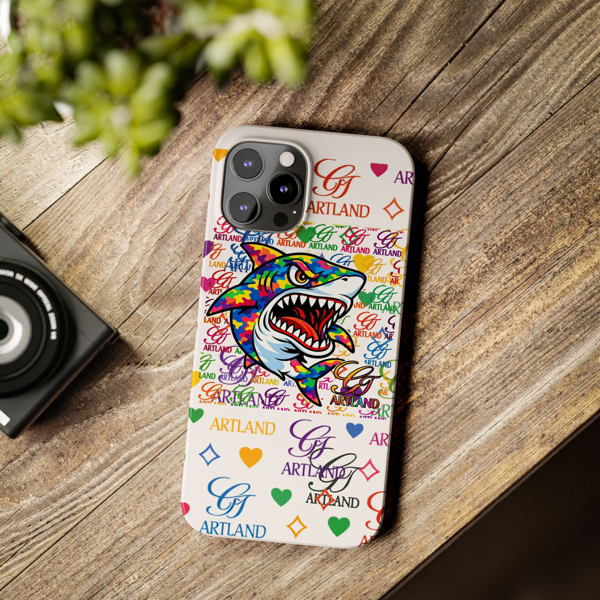 Colorful Designer Shark GT Illustration Slim Phone Case | Rainbow Logo Pattern by GT Artland
