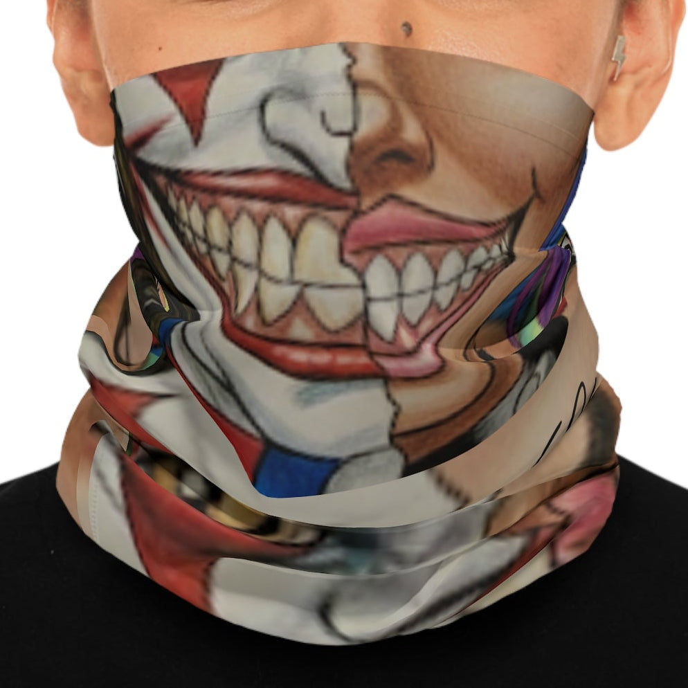 Clown Duo Face Split Neck Gaiter — Half Joker, Half Femme Skull Designer Mask by GT Artland