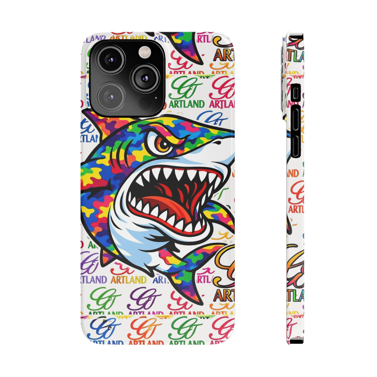 Colorful Camo Designer Shark GT Slim Phone Case | Vibrant Graphic, Artland Logo Background by GT Artland