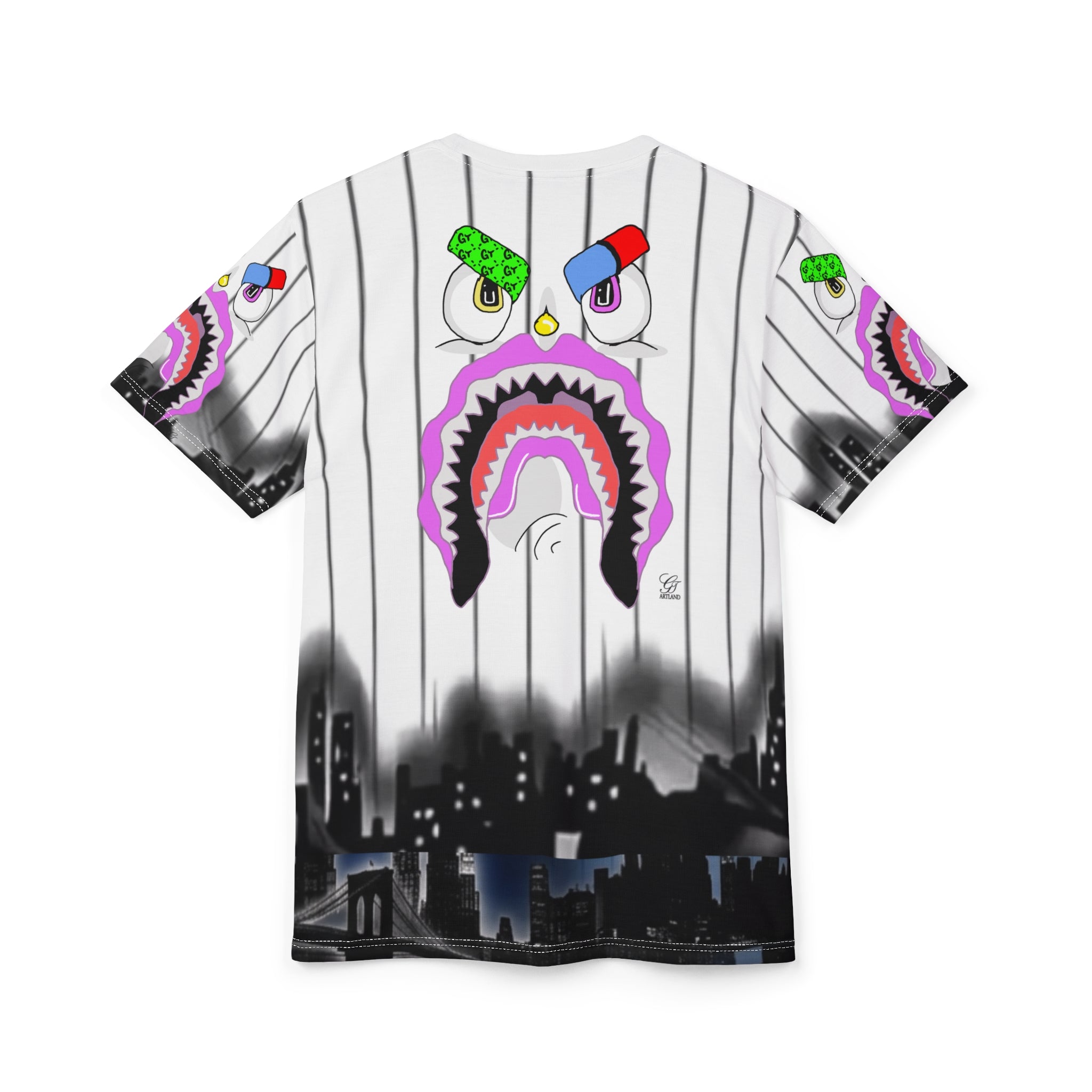 Shark Face Designer Graphic Tee | All-Over Print City Skyline Jersey Style by GT Artland