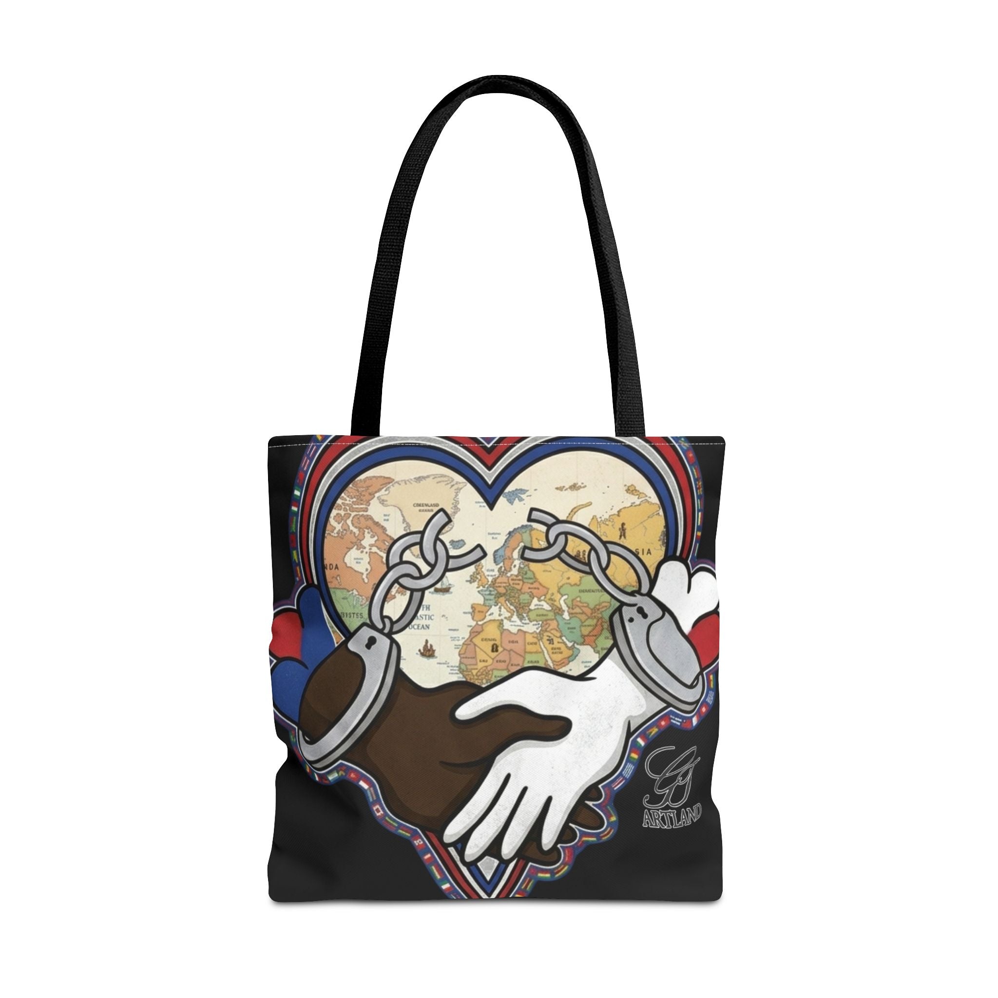 Interracial Unity Heart Handcuffs Tote Bag | All-Over Print by GT Artland