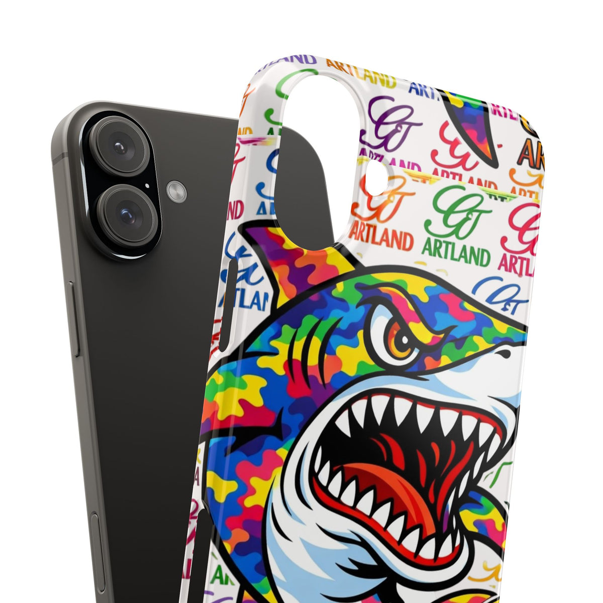 Colorful Camo Designer Shark GT Slim Phone Case | Vibrant Graphic, Artland Logo Background by GT Artland