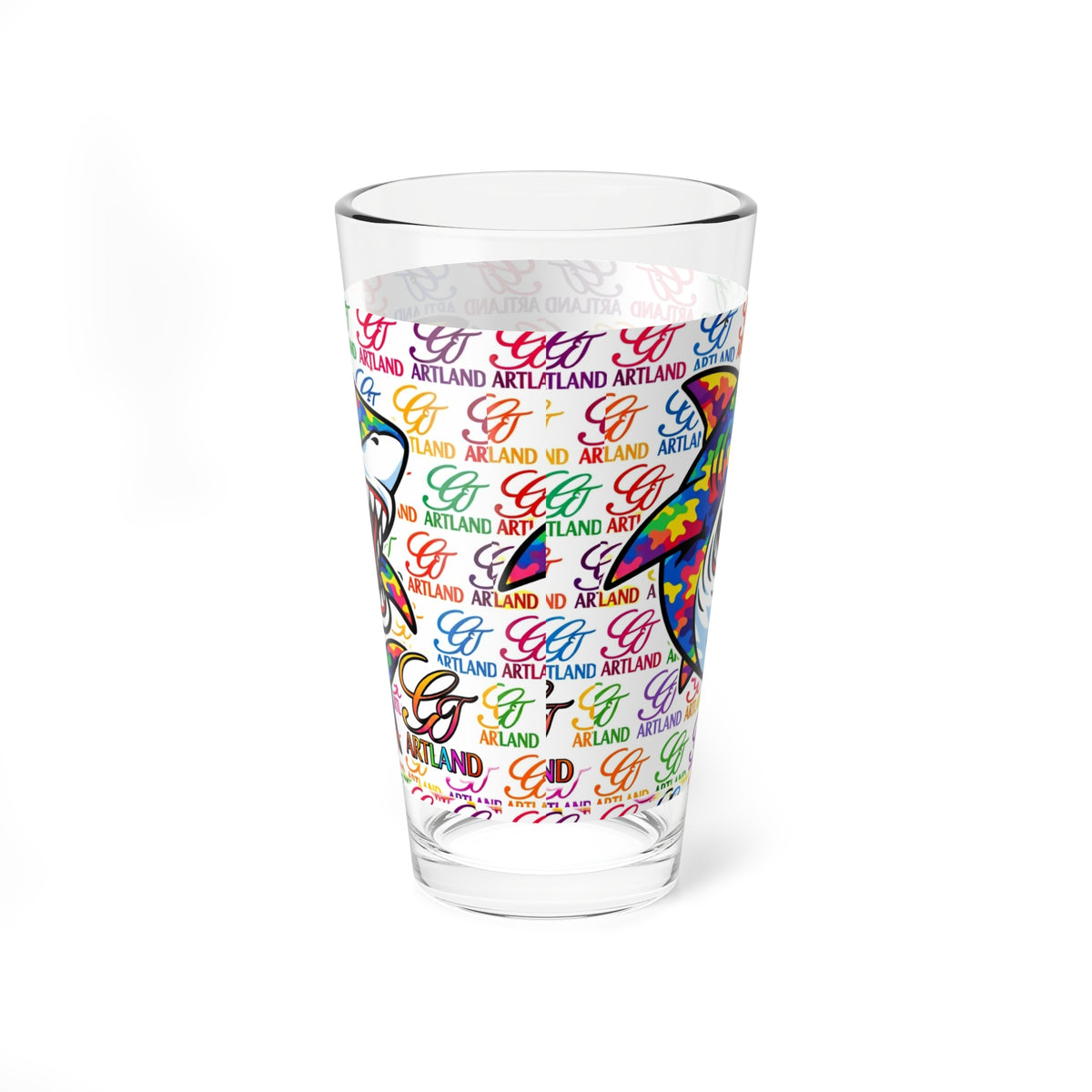 Colorful Shark Illustration Mixing Glass | 16oz Pint Glass, Rainbow Sea Life Design by GT Artland