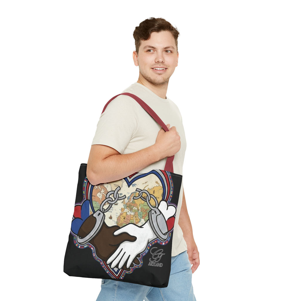 Interracial Unity Heart Handcuffs Tote Bag | All-Over Print by GT Artland