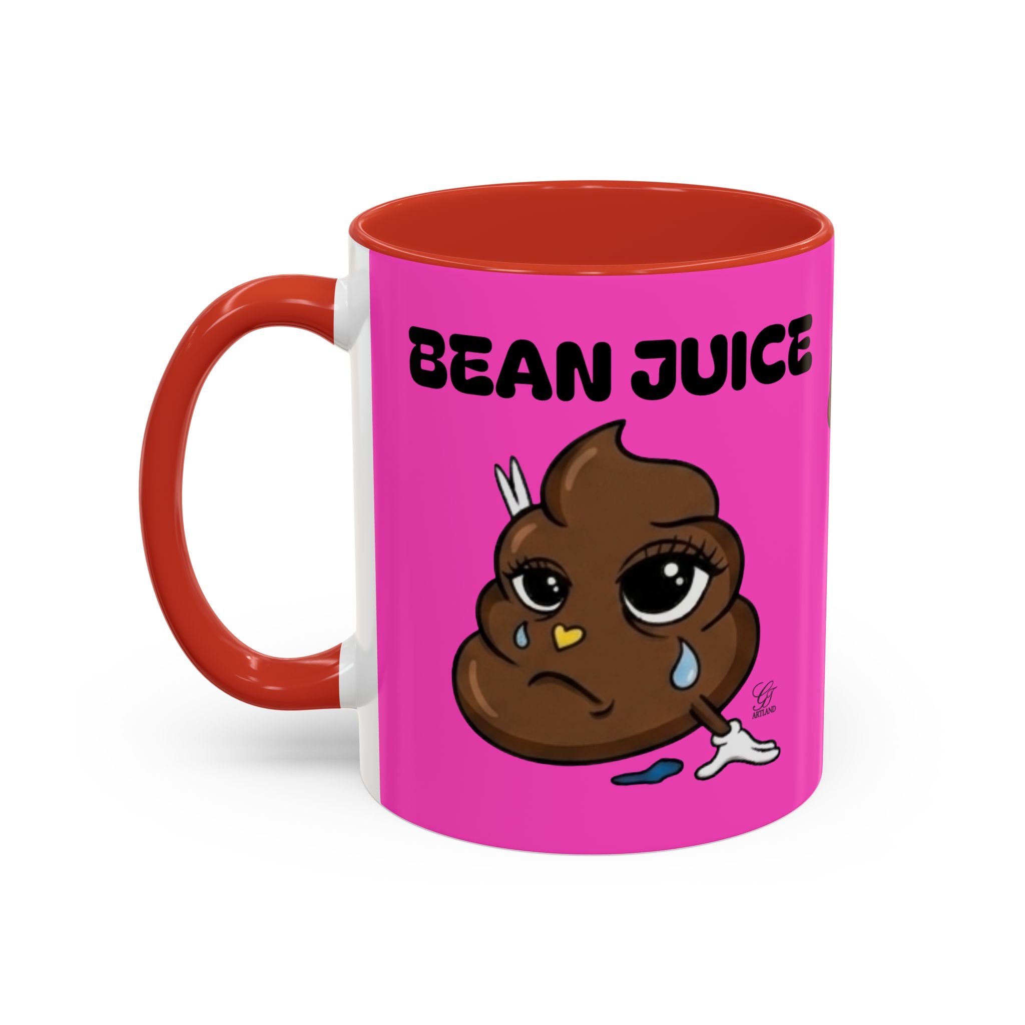 Bean Juice Coffee Mug — Funny Pink Accent Mug with Cute Poop Emoji Design (11/15oz) by GT Artland