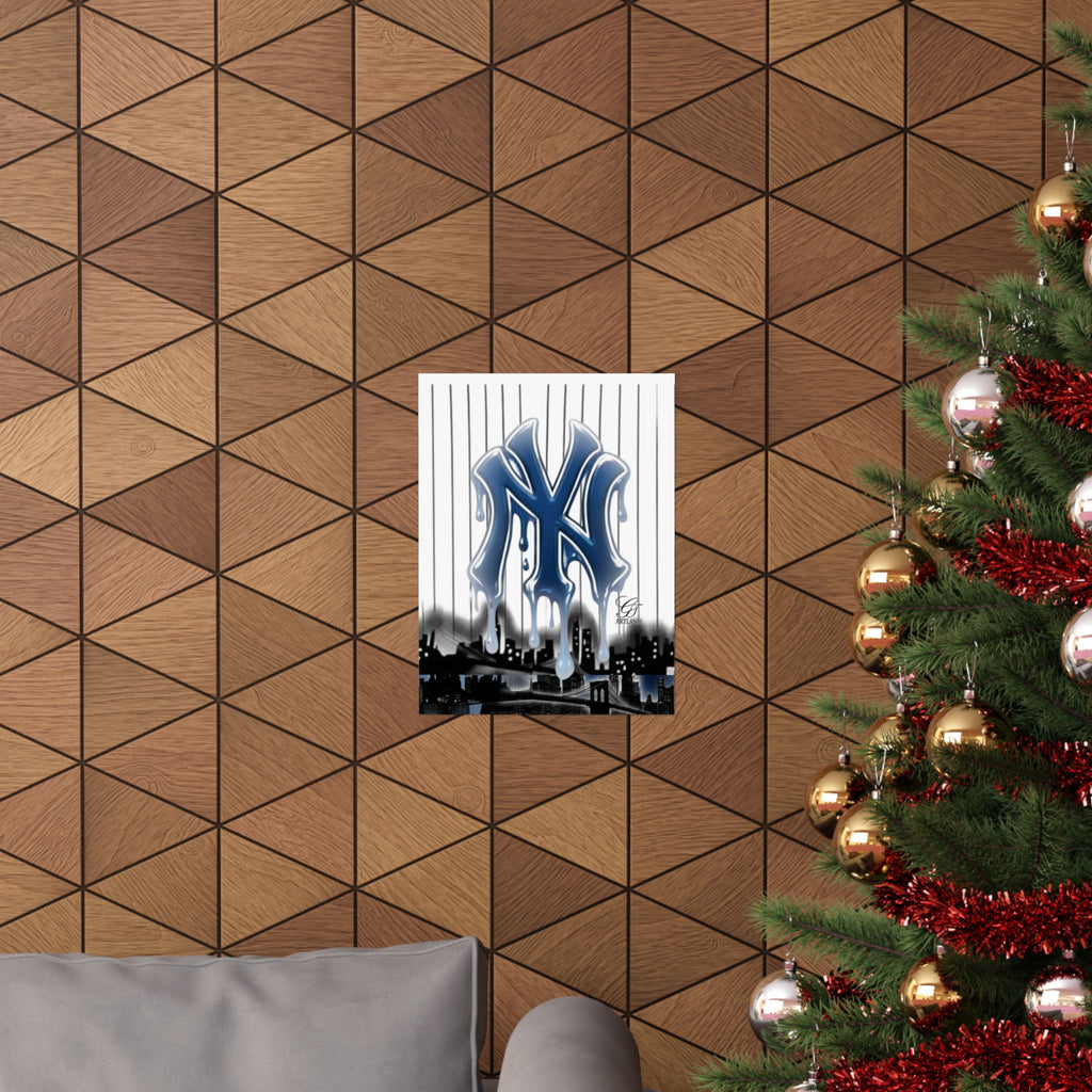 Dripping NY Logo Matte Vertical Poster | Baseball Pinstripe Art by GT Artland