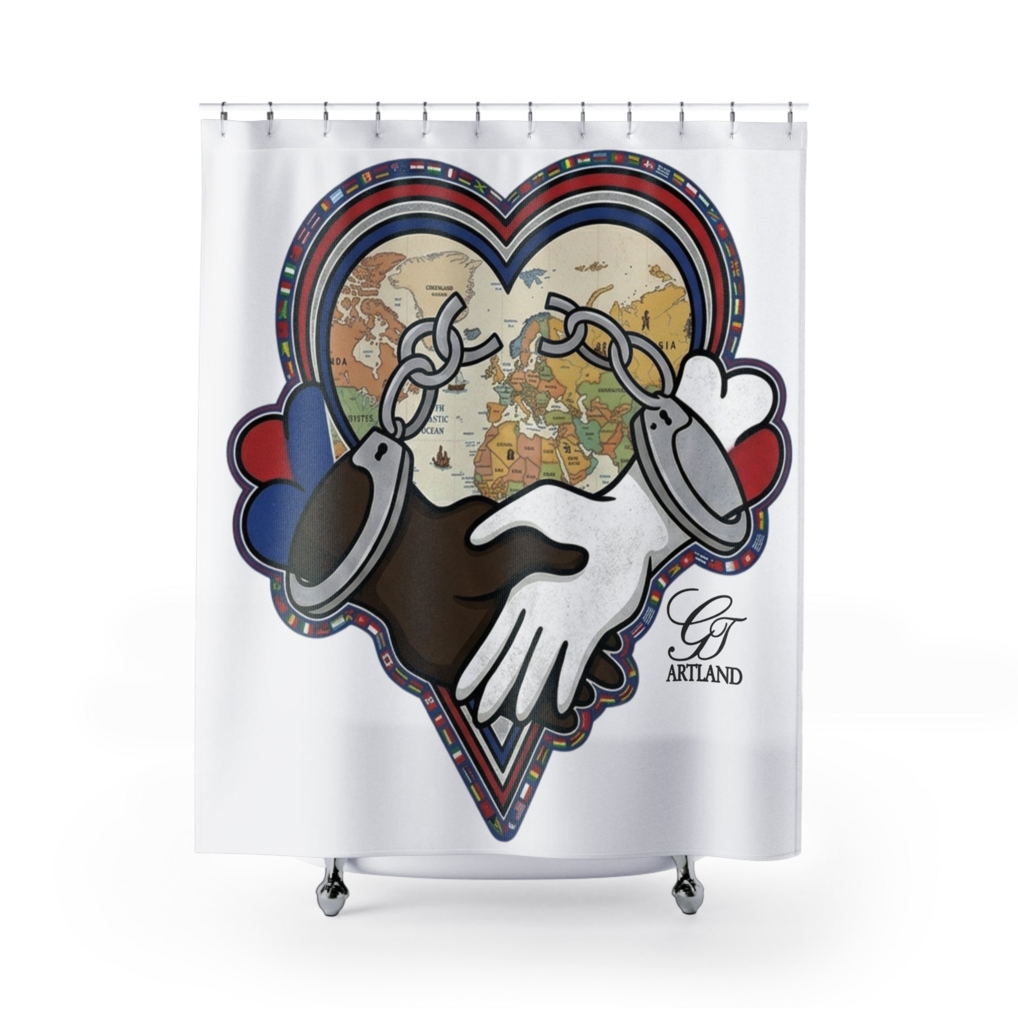 Interracial Unity Heart Shower Curtain | World Map, Broken Chains by GT Artland