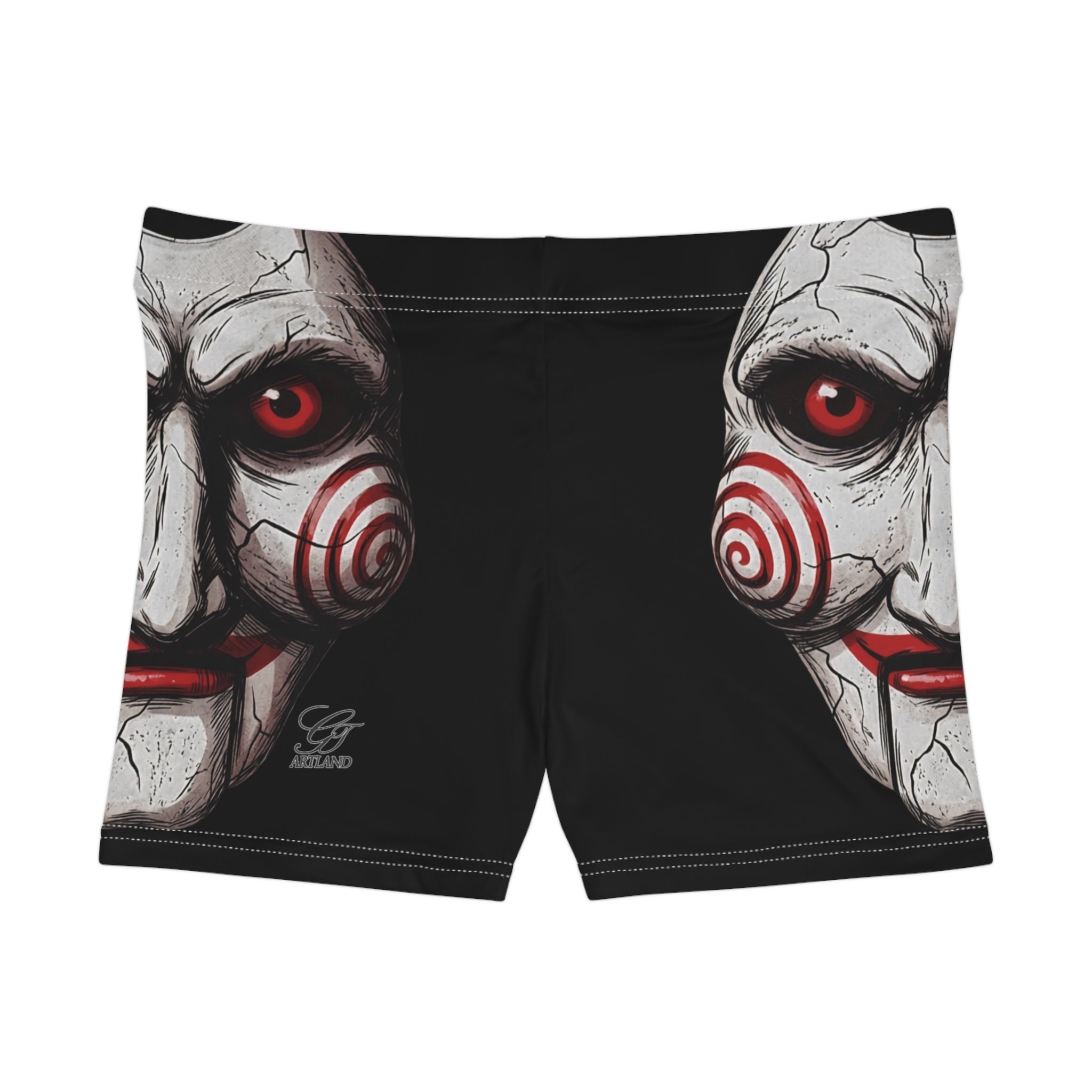 Horror Puppet Face Women's Shorts | Creepy Red Spiral Mask