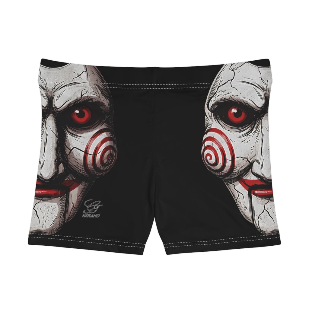 Horror Puppet Face Women's Shorts | Creepy Red Spiral Mask