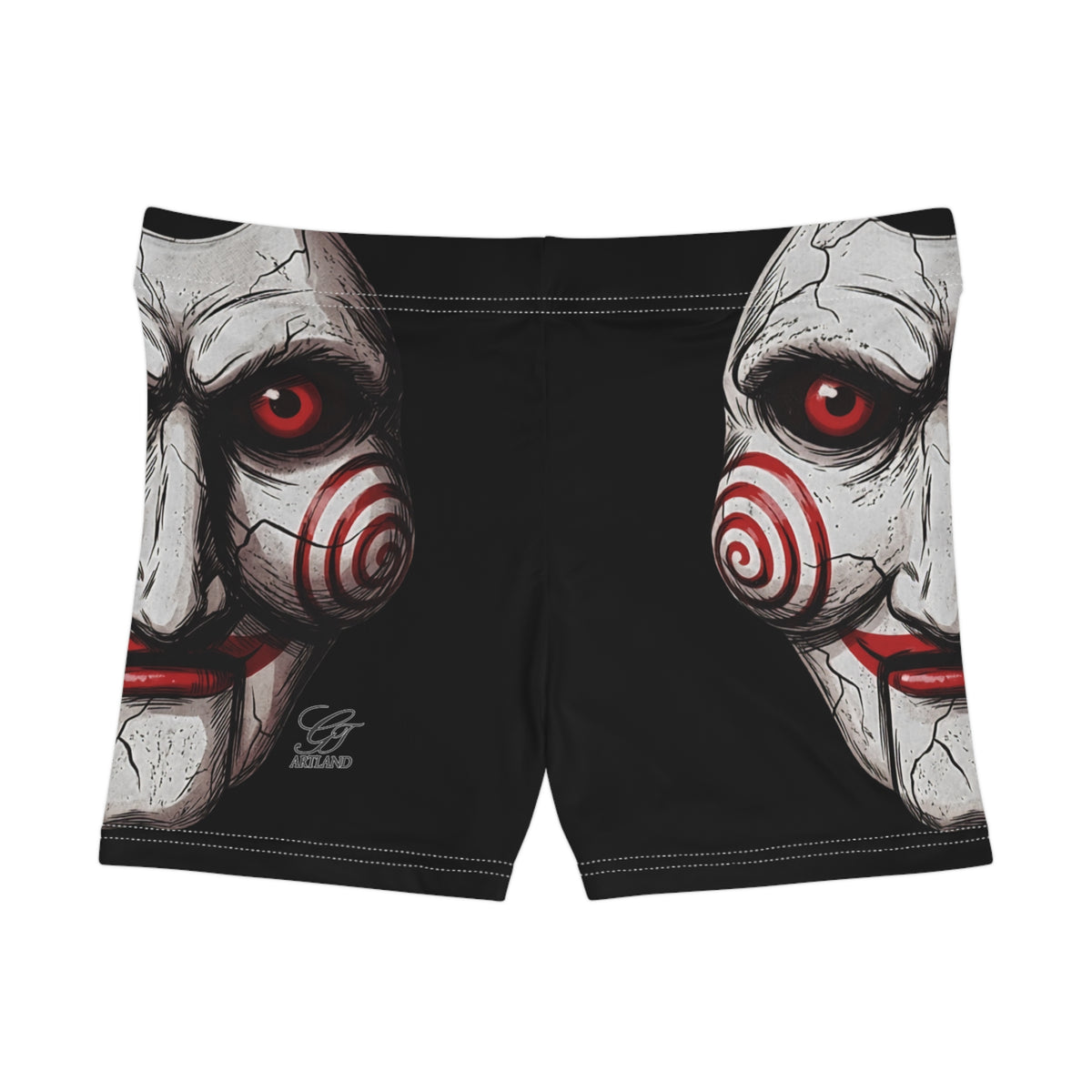 Horror Puppet Face Women's Shorts | Creepy Red Spiral Mask