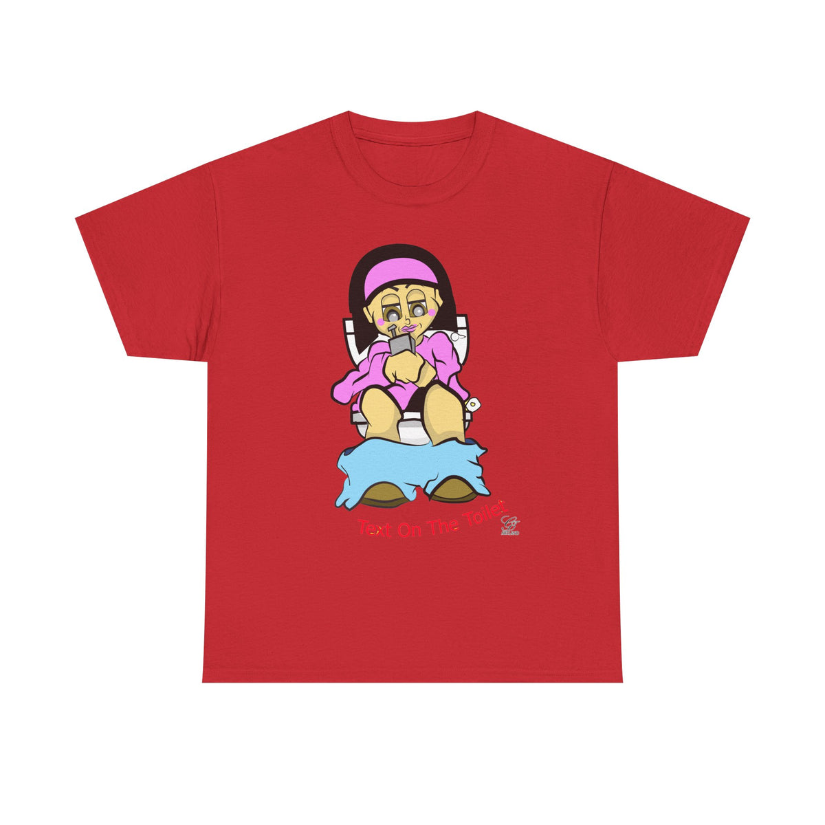 Texting on the Toilet female Illustration T-Shirt | Humor Cartoon Sitting, Text on the Toilet by GT Artland