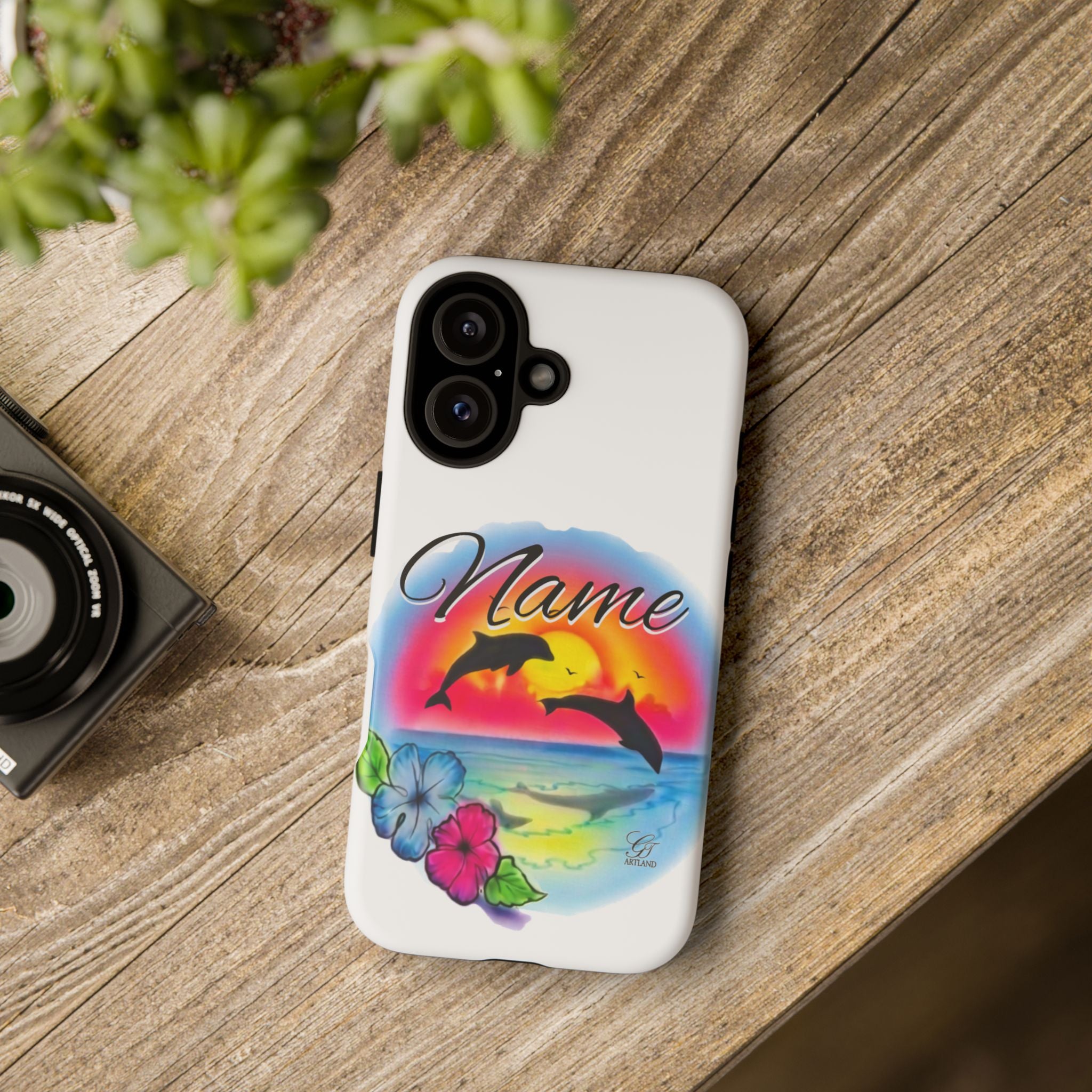 Dolphin Sunset Name Phone Case | Personalized Tough Case, Floral Beach Design by GT Artland