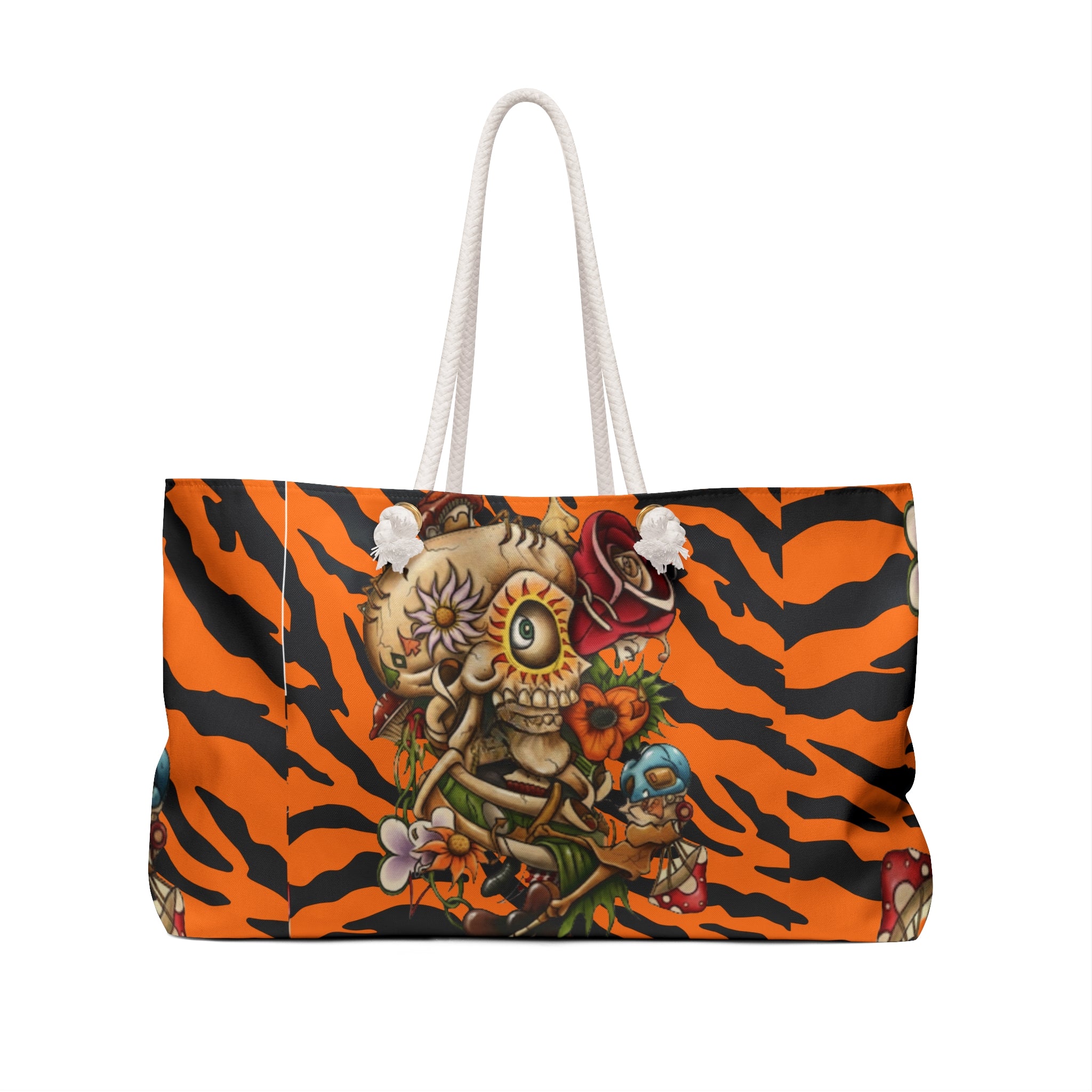 Sugar Skull Skull Bouquet Weekender Bag | Orange Black Tiger Stripes by GT Artland