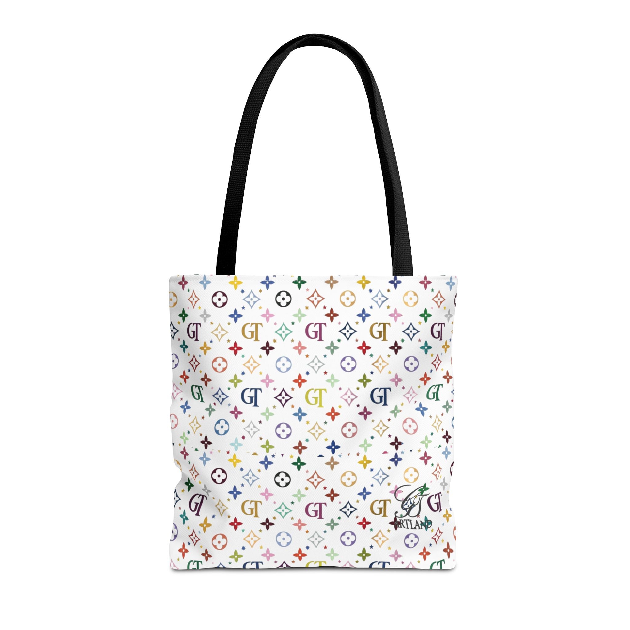 Monogram Rainbow Designer Elite Pattern Tote Bag – Colorful All-Over Print Everyday Tote by GT Artland