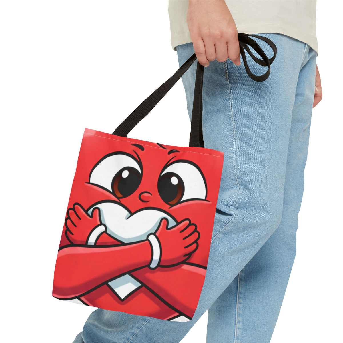 Red Heart Hug Cartoon Tote | Cute Emoticon Love Illustration by GT Artland